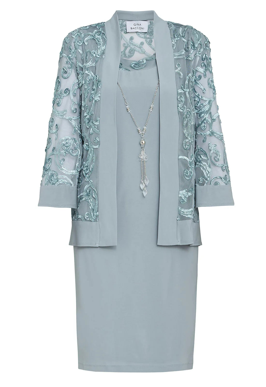 Gina Bacconi Sage Beverley Dress and Jacket with Necklace
