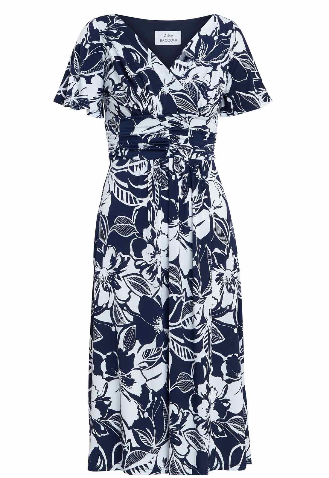 Gina Bacconi Navy and White Gemma Jersey Print Dress