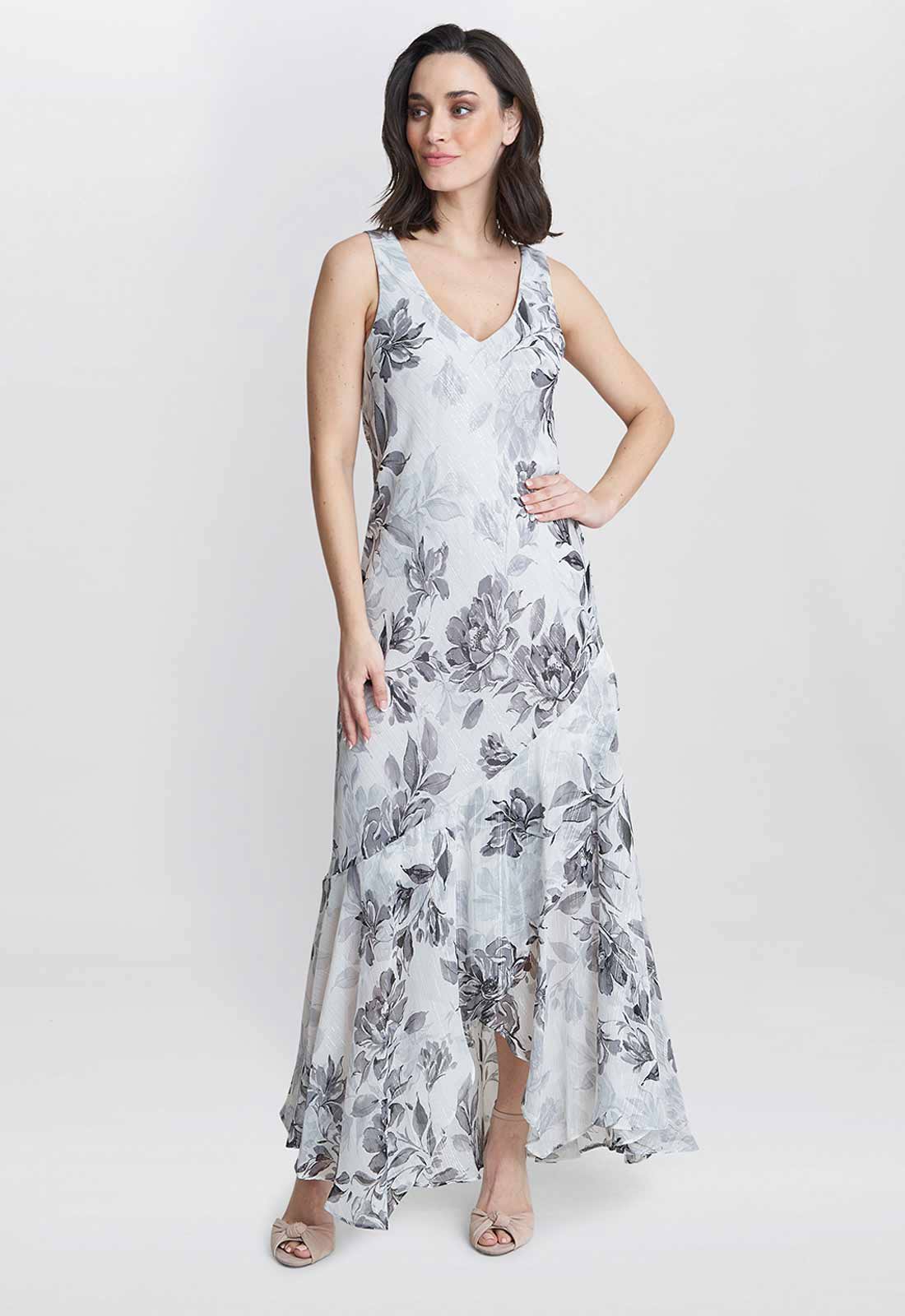 Gina Bacconi Grey Mandy Midi Length Sleevless Printed Dress And Jacket
