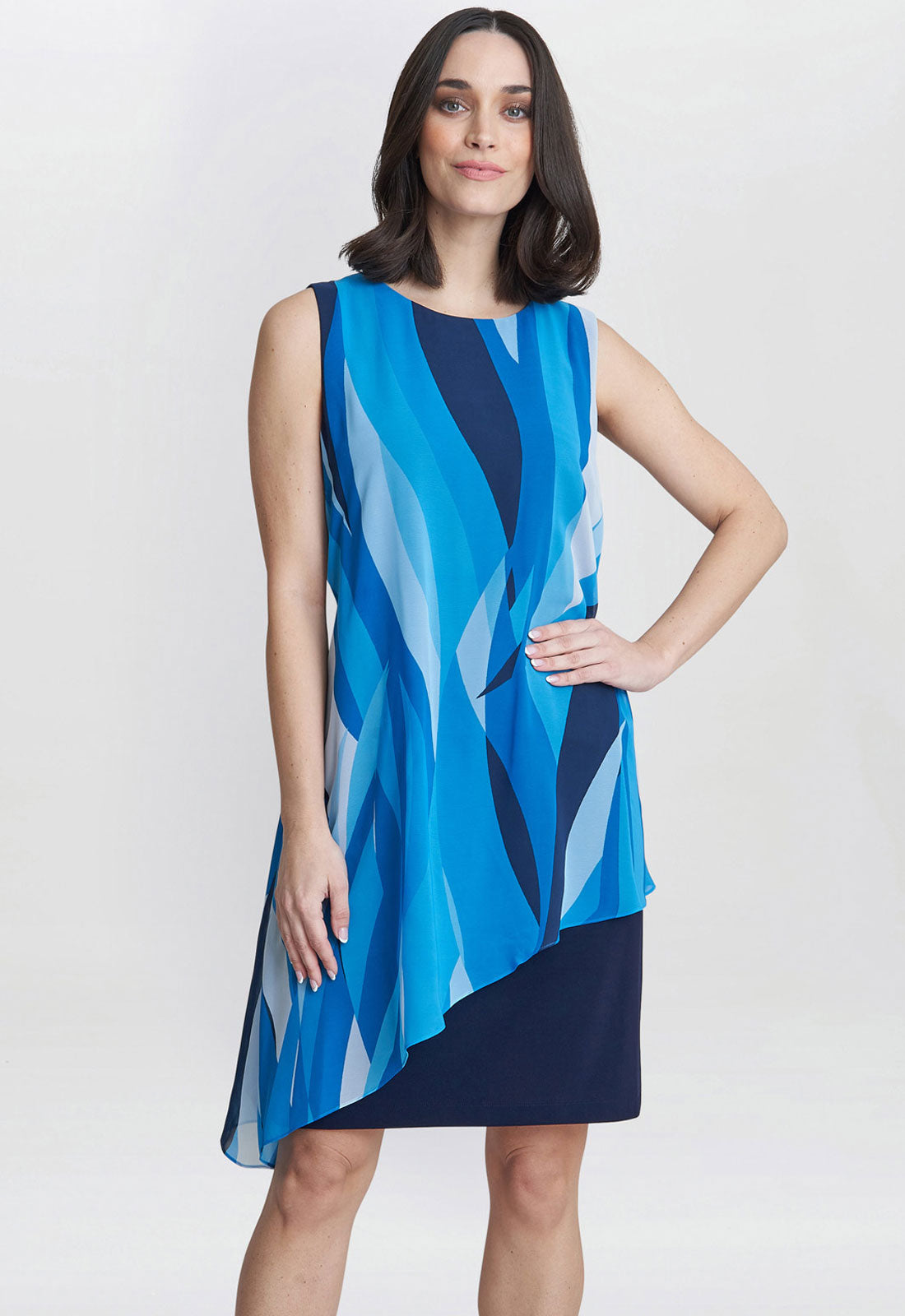 Gina Bacconi Navy and Multi Edie Short Printed Asymmetric Overlay Dress