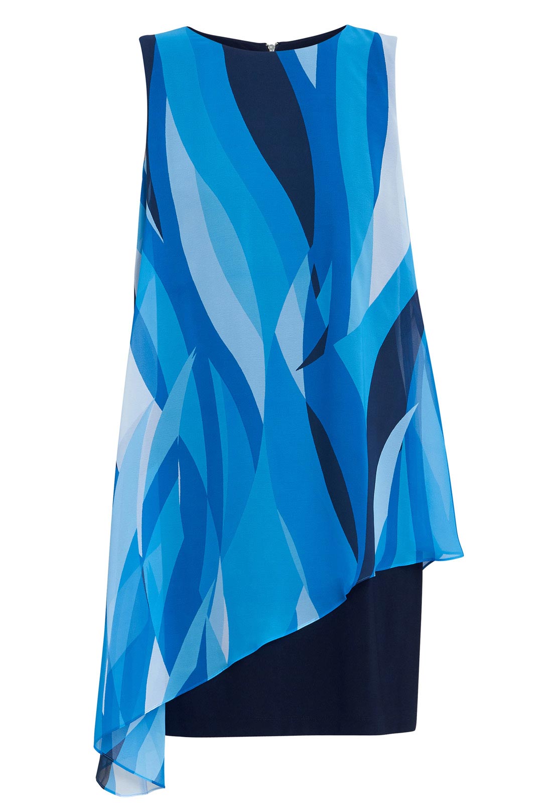 Gina Bacconi Navy and Multi Edie Short Printed Asymmetric Overlay Dress