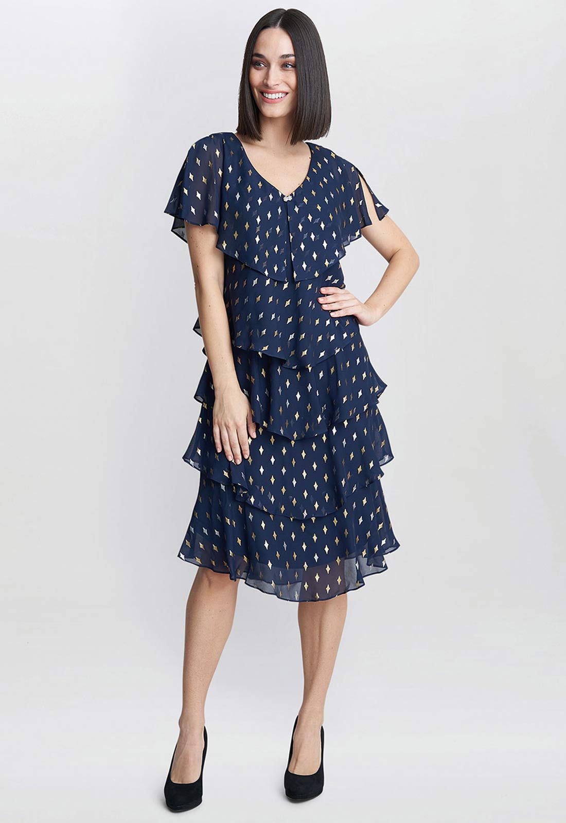 Gina Bacconi Navy Sybil Foil Print Tier Dress