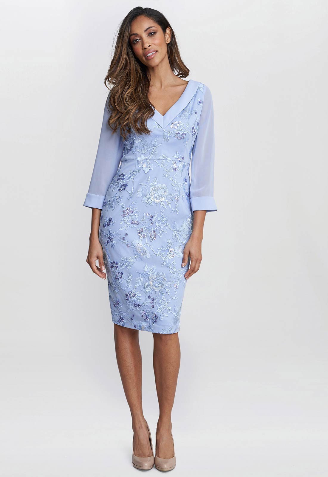 Gina Bacconi Blue Daisy Crepe Dress With Embroidery