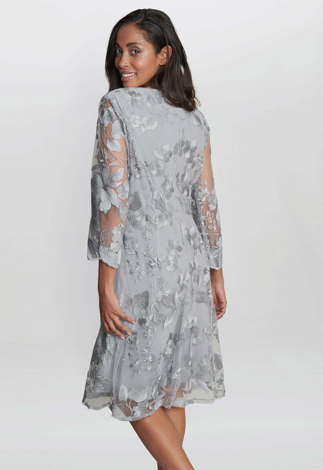 Gina Bacconi Grey Savoy Embroidered Lace Mock Jacket With Jersey Dress