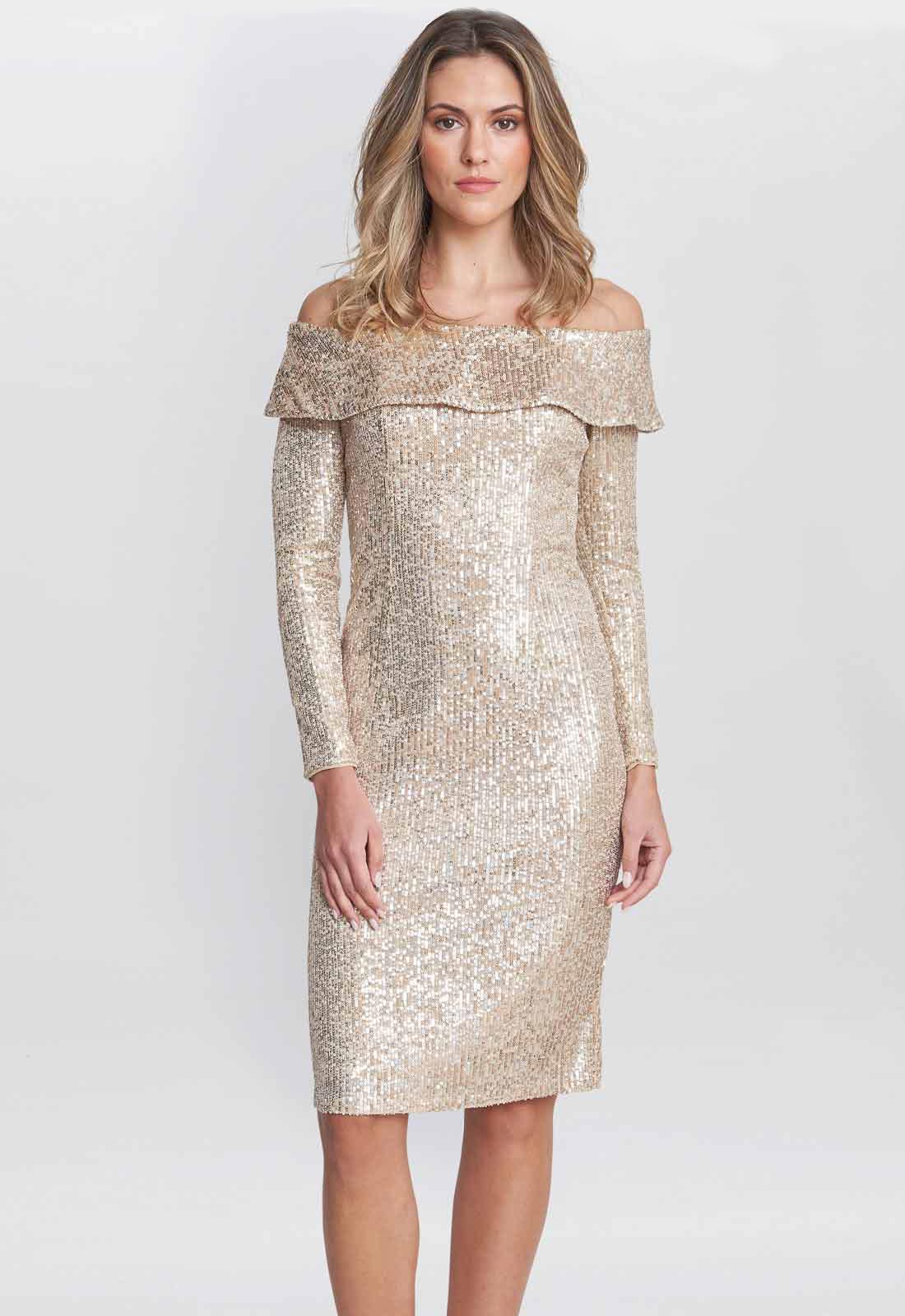 Gina Bacconi Gold Anthea Off The Shoulder Sequin Dress