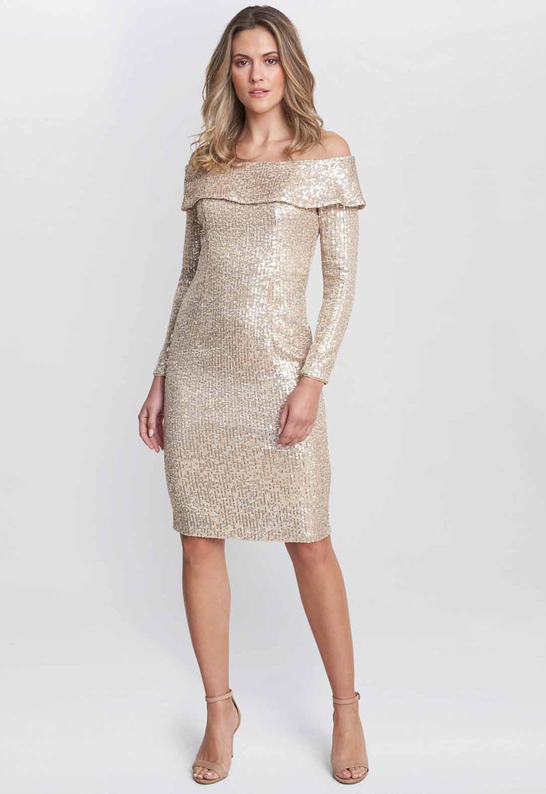 Gina Bacconi Gold Anthea Off The Shoulder Sequin Dress