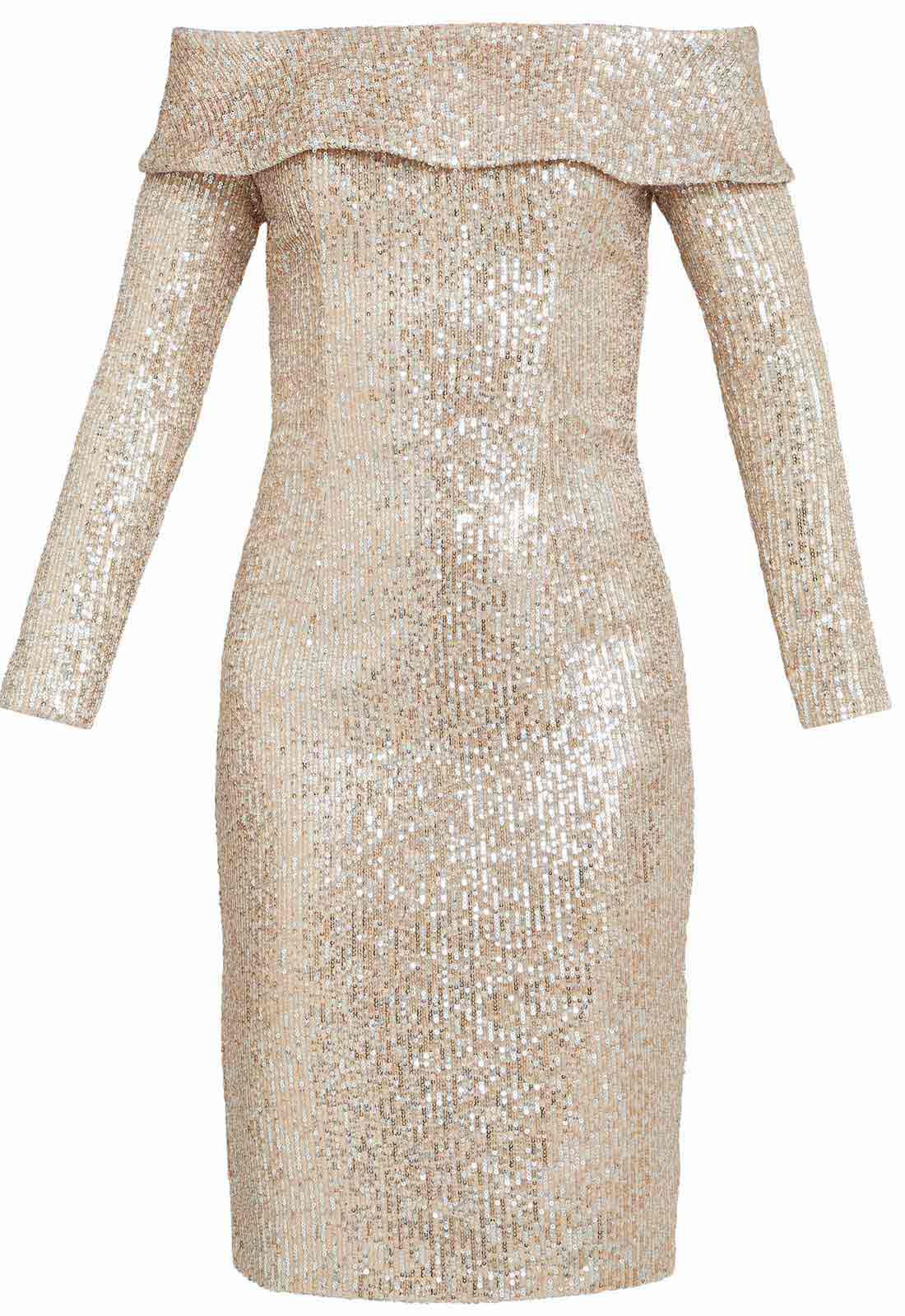 Gina Bacconi Gold Anthea Off The Shoulder Sequin Dress