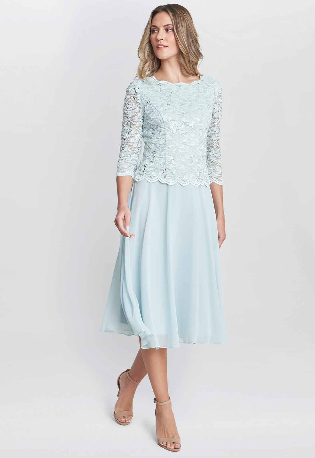 Gina Bacconi Mint Rona Midi Dress With Lace Bodice & Chiffon Skirt
