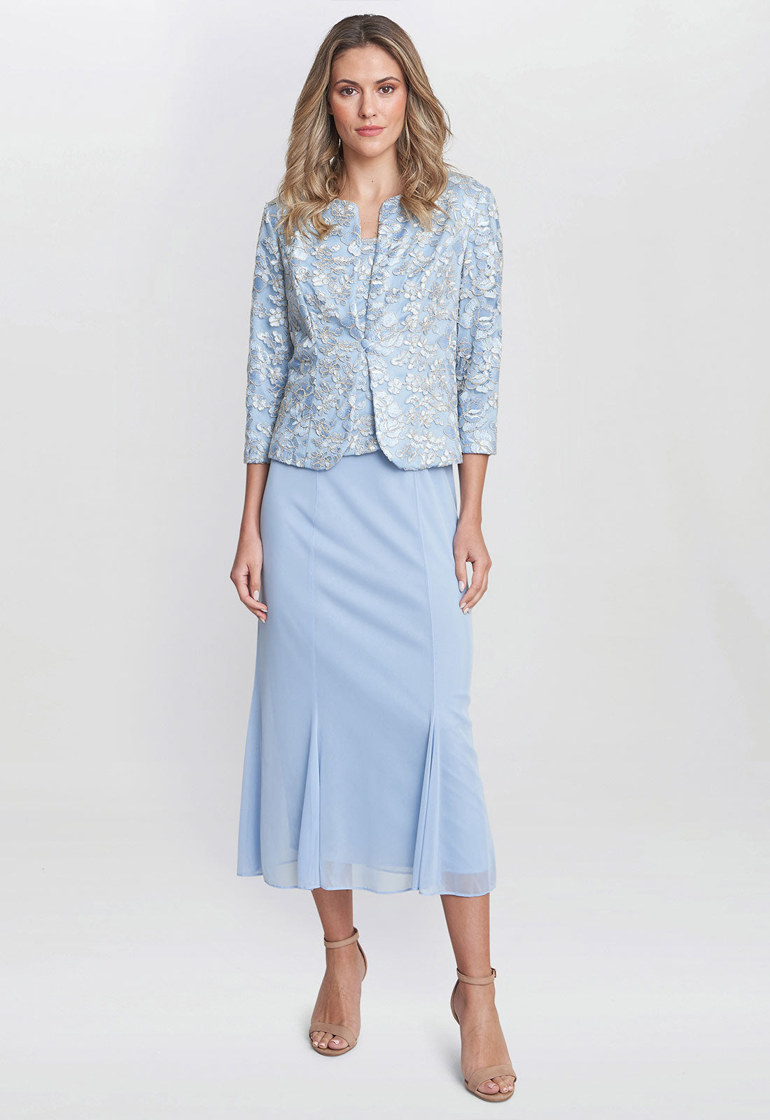 Gina Bacconi Blue Joyce Midi Dress And Jacket With Embroidered Lace
