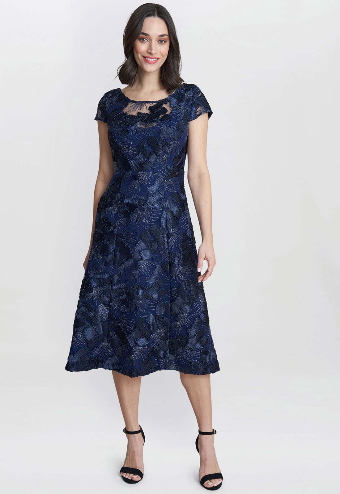 Gina Bacconi Navy Abella Illusion Jewel Floral Dress