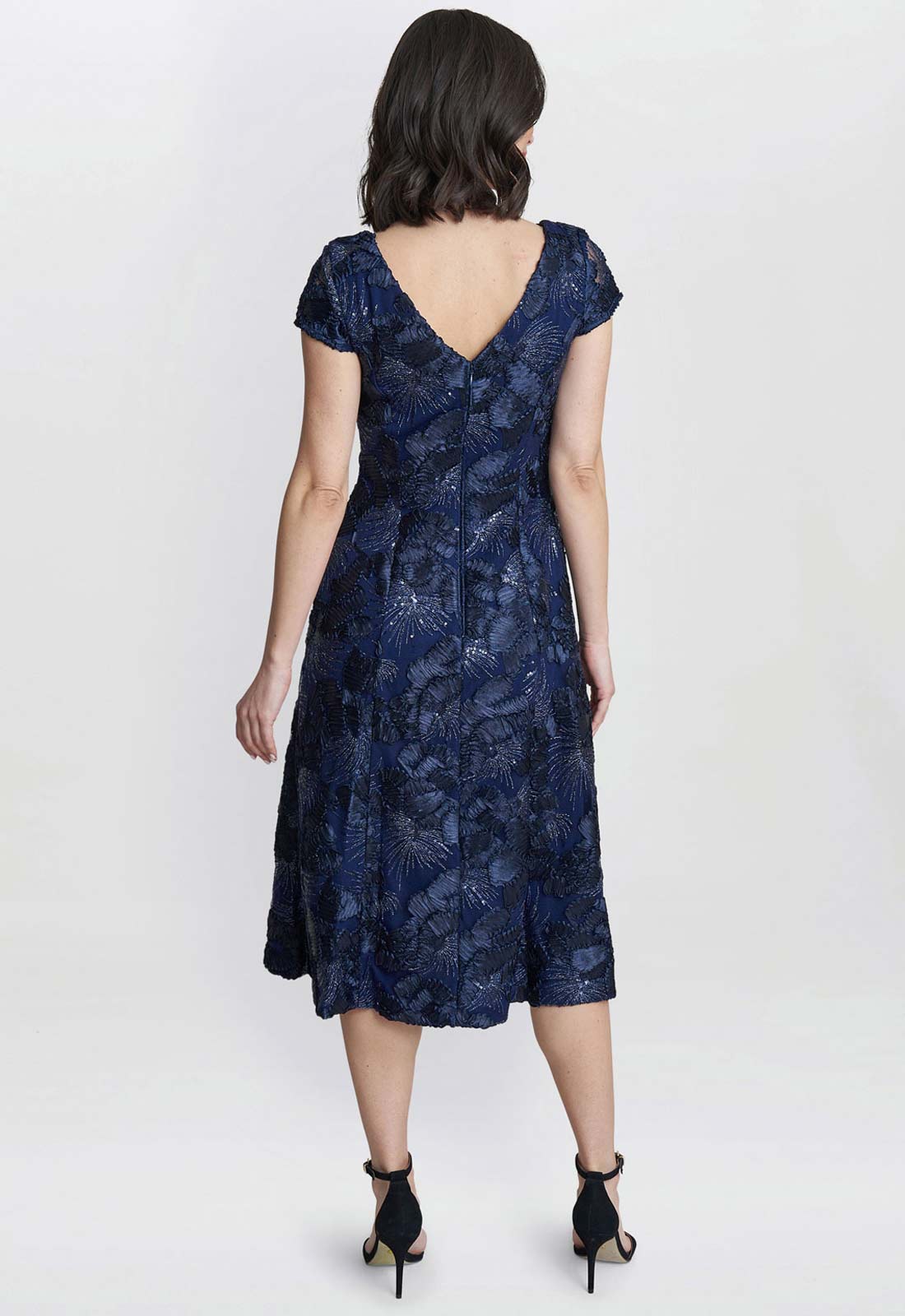 Gina Bacconi Navy Abella Illusion Jewel Floral Dress