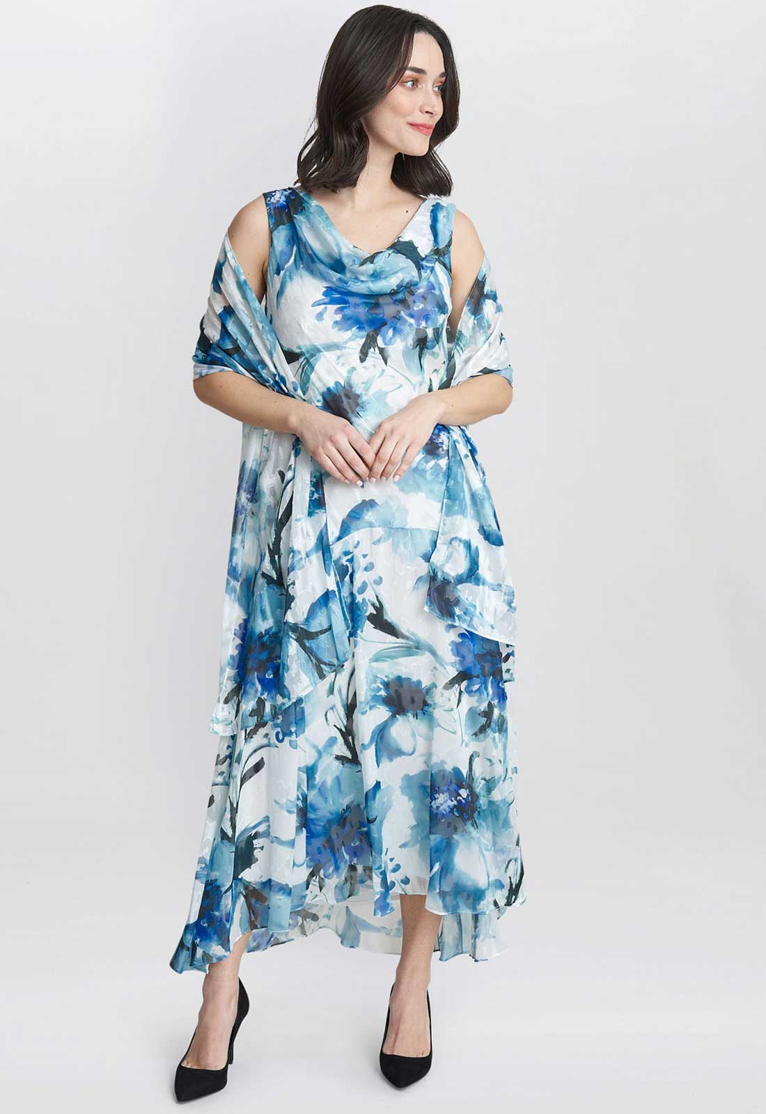 Gina Bacconi Blue Angelica Printed Dress And Shawl
