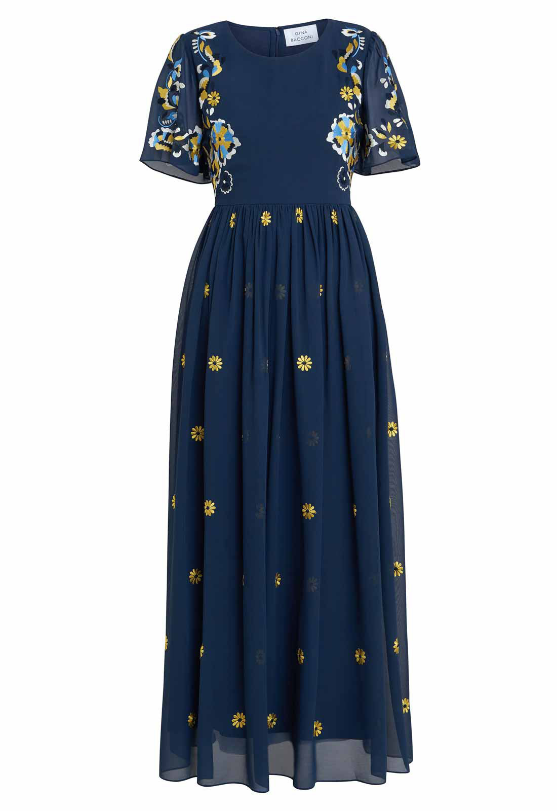 Gina Bacconi Navy Embroidered Dress With Flowers