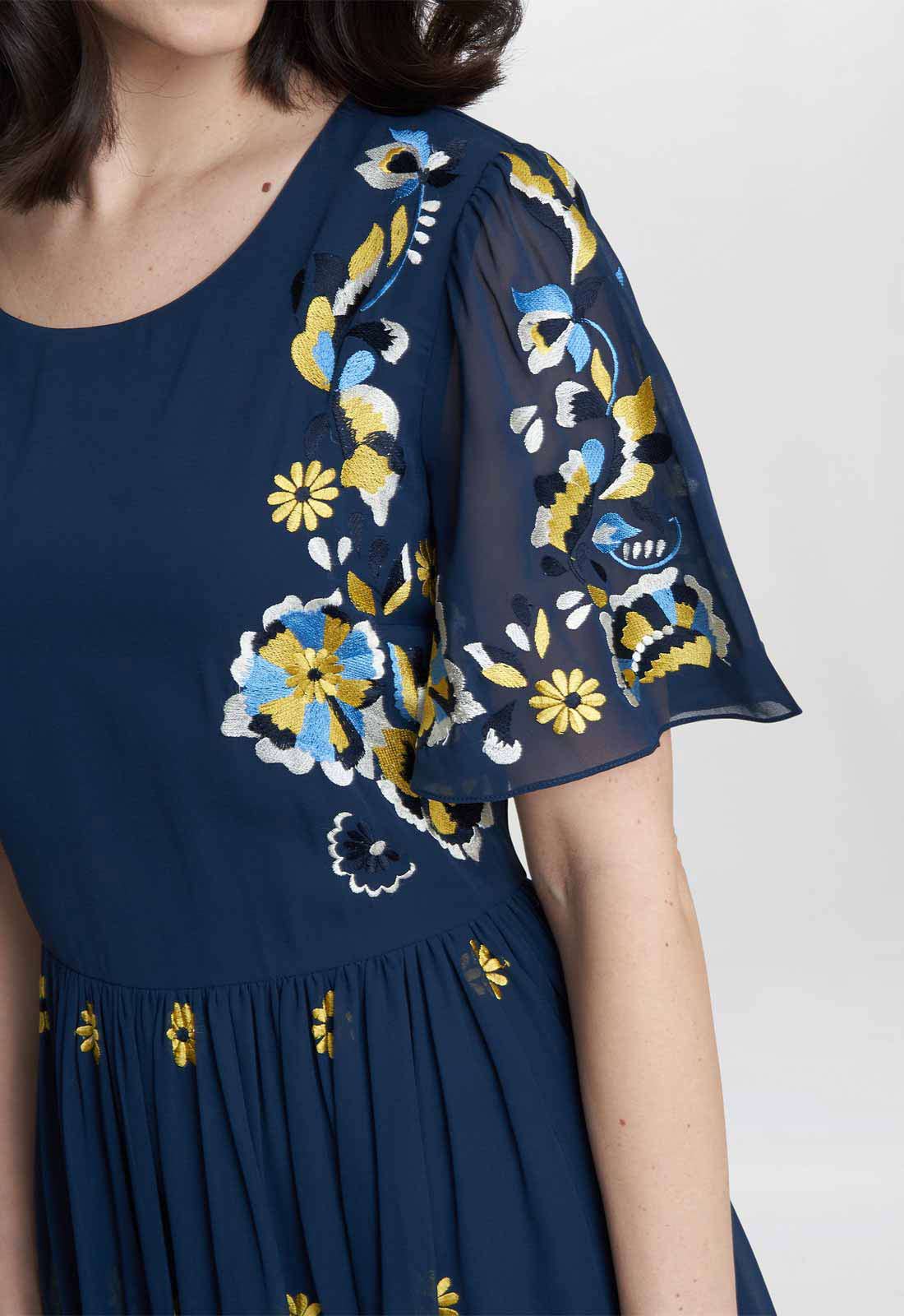Gina Bacconi Navy Embroidered Dress With Flowers