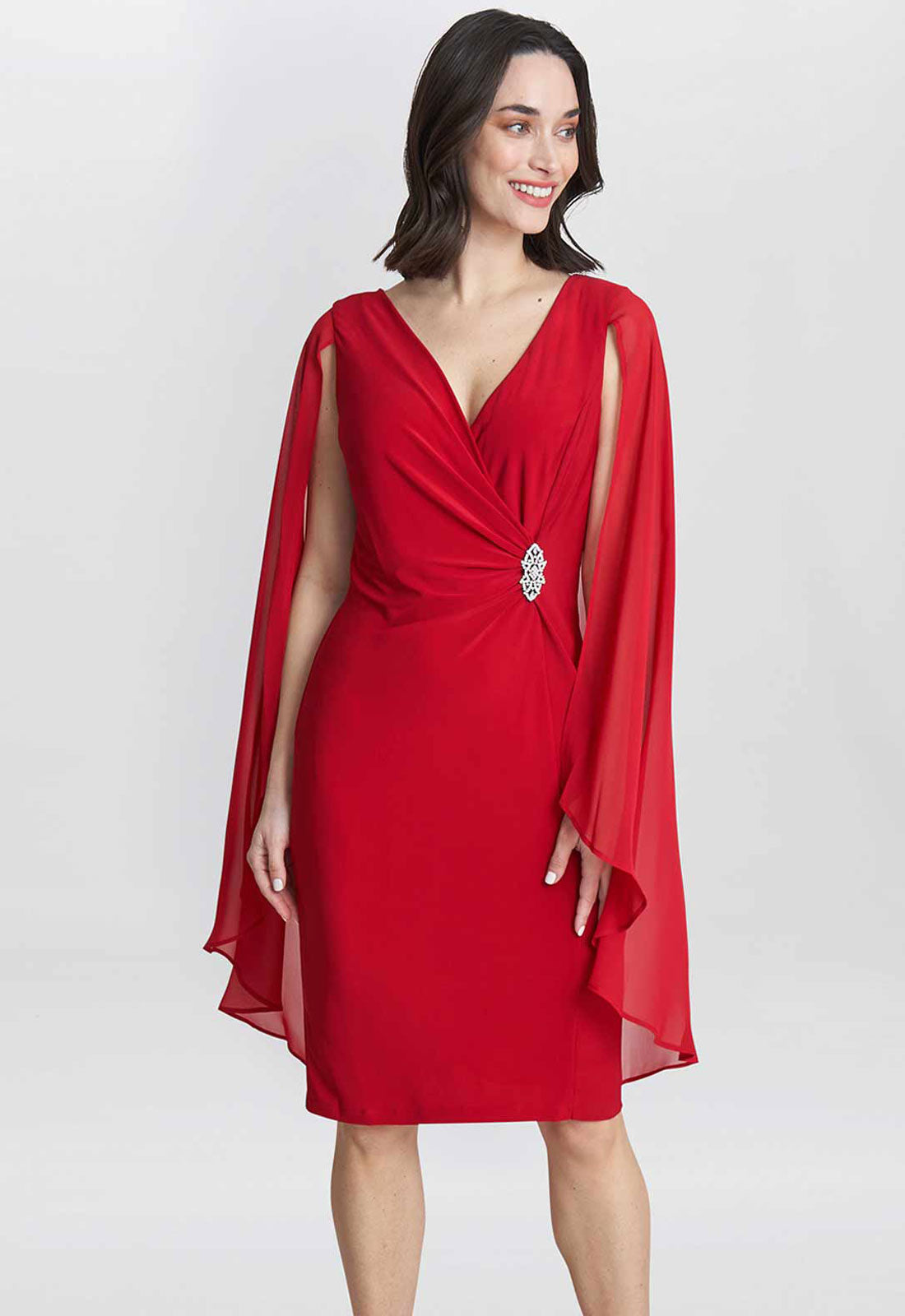 Gina Bacconi Red Lisa Chiffon Cape Dress