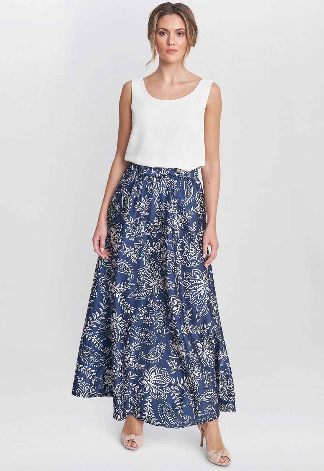 Gina Bacconi Blue Dakota Satin Elastic Waist Skirt