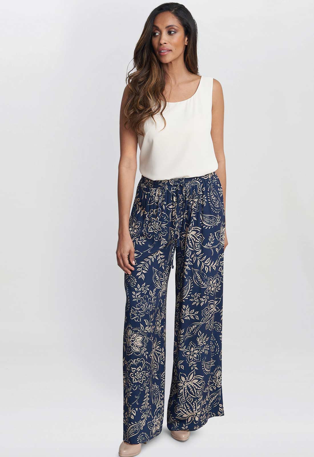 Gina Bacconi Navy and Multi Aruna Wide Leg Pull On Trouser