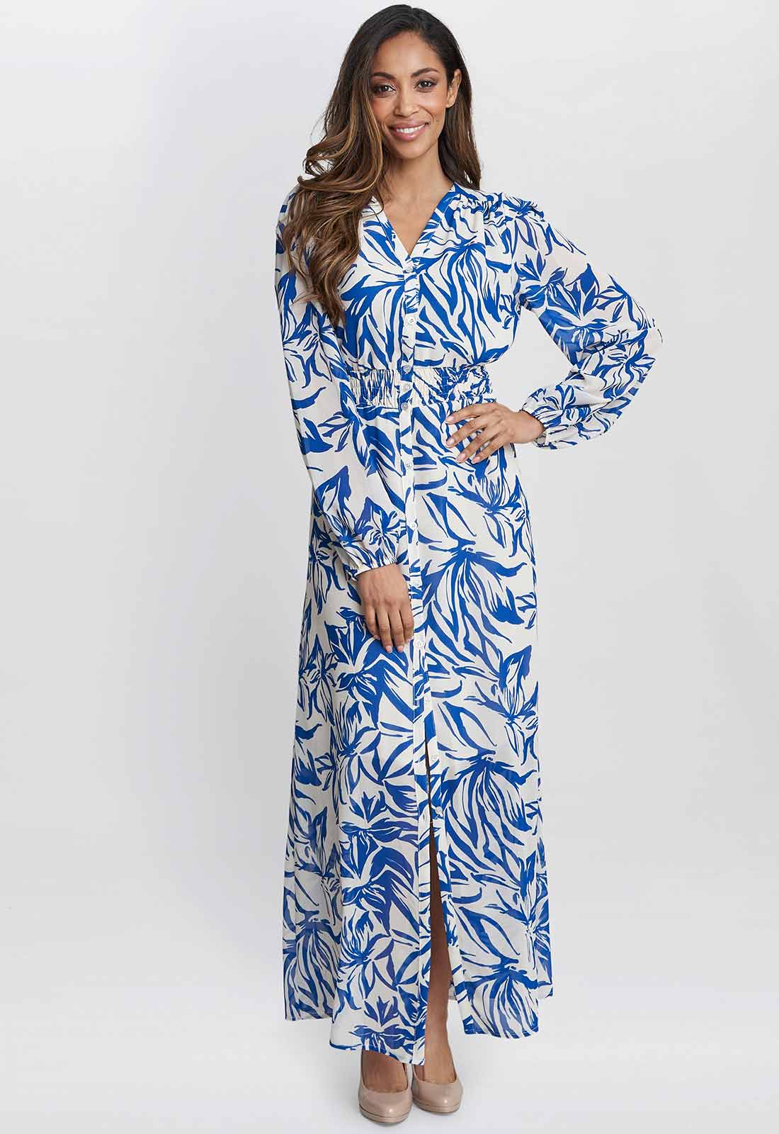 Gina Bacconi Blue Judy Button Neck Long Sleeve Dress