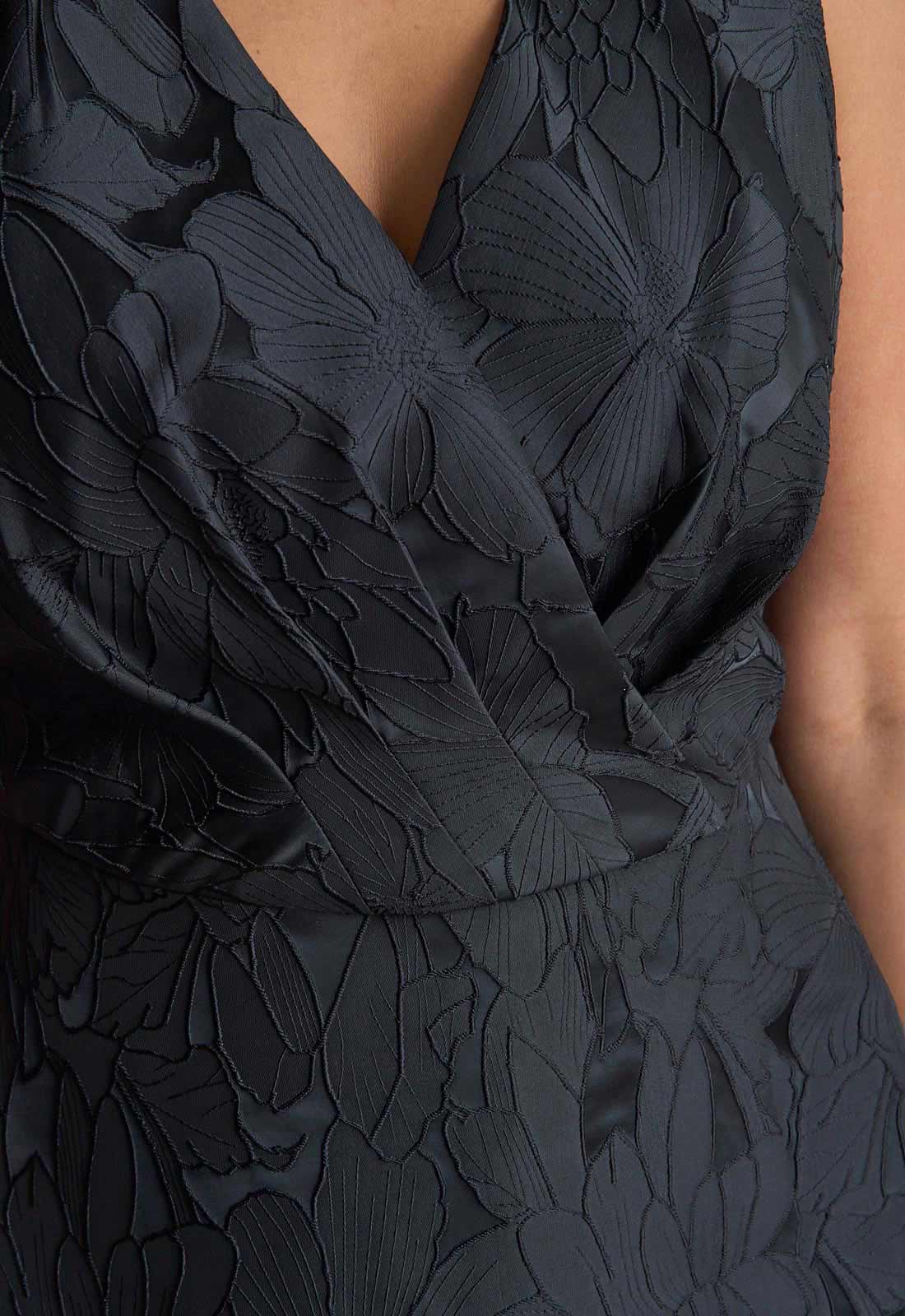 Close-up of a dark blue floral dress with intricate patterns.