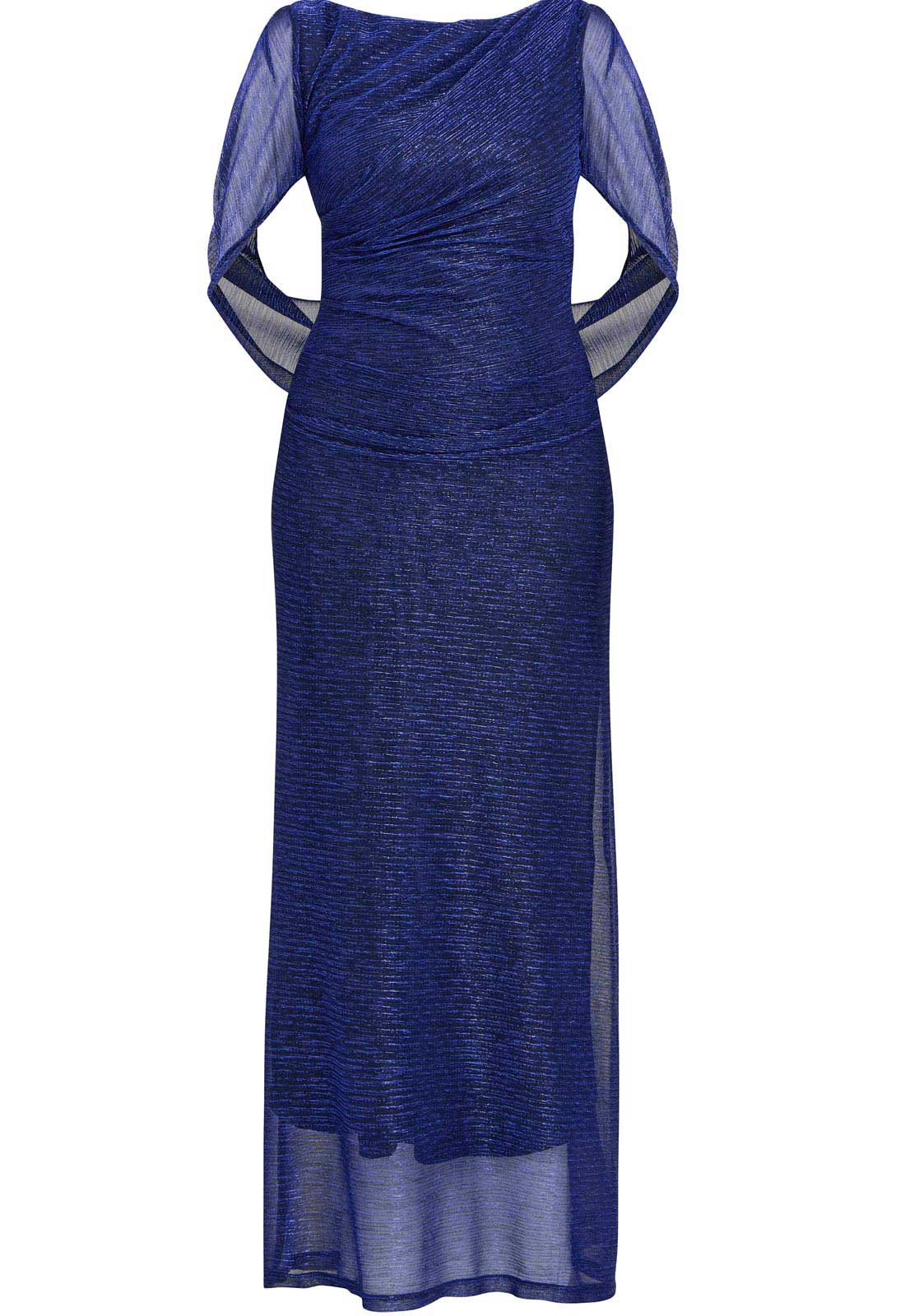 Blue dress with sheer sleeves on a white background