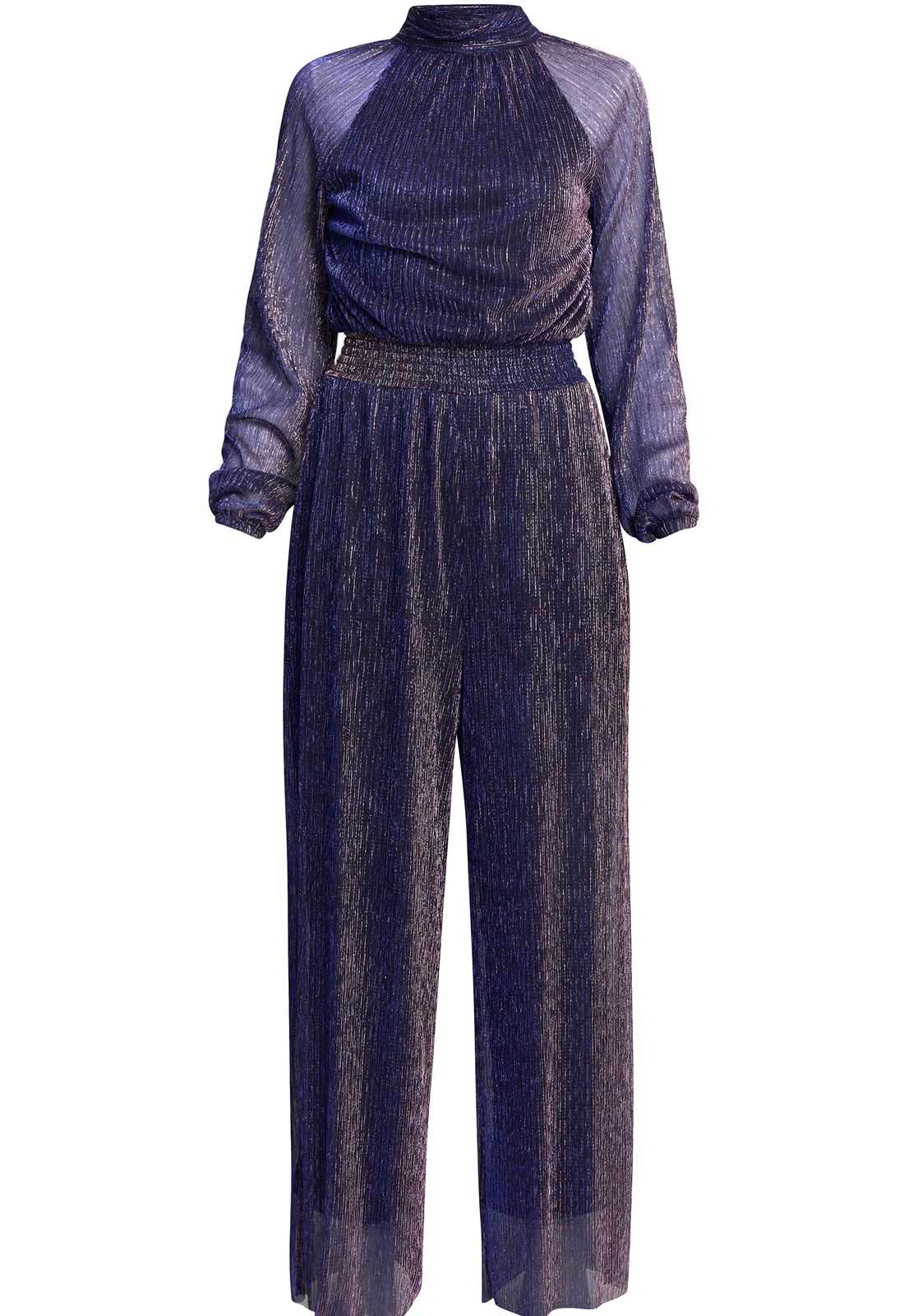 Navy blue jumpsuit with sheer sleeves on a white background
