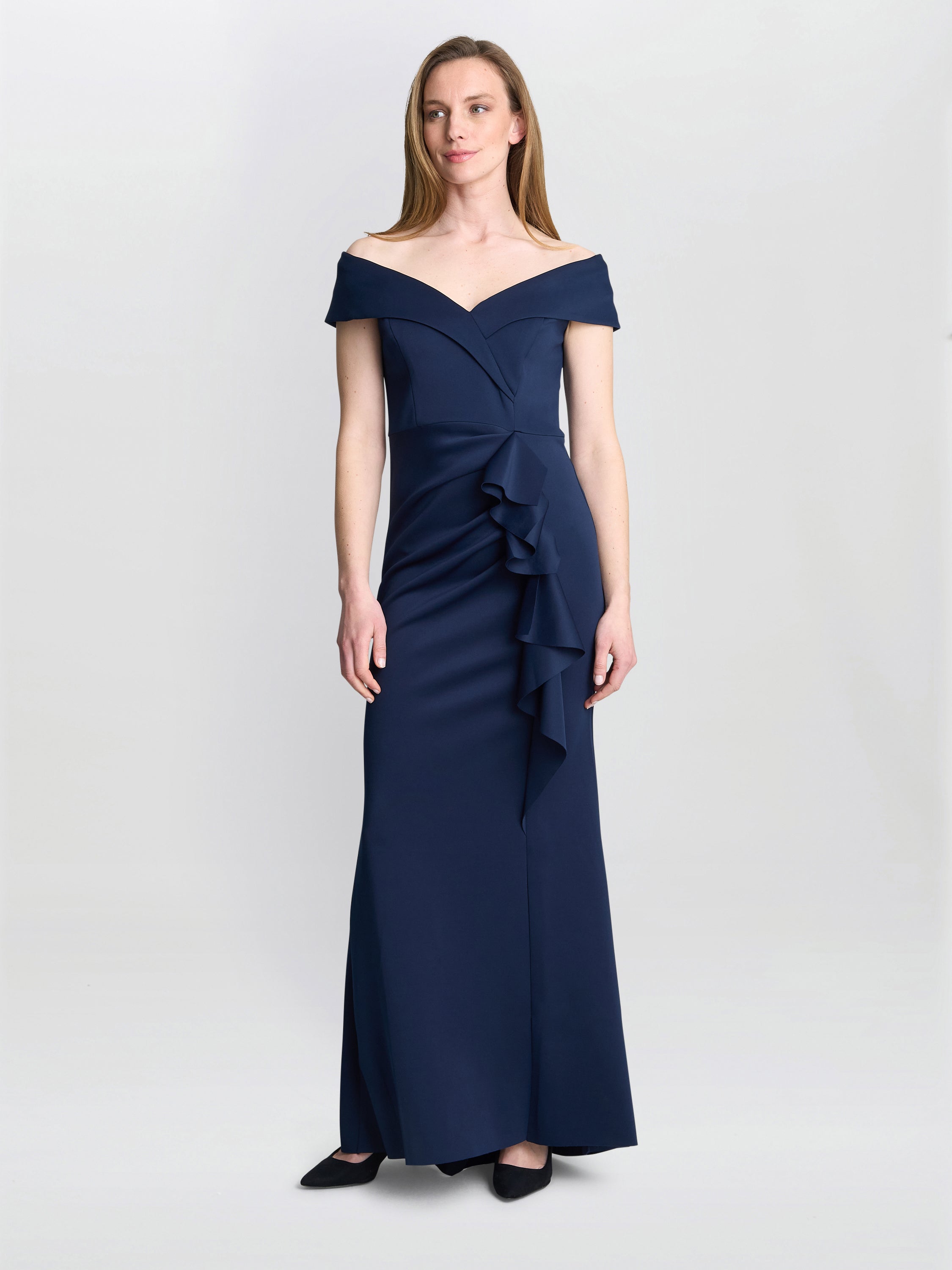 Gina Bacconi Victoria Maxi Dress With Side Ruching in Midnight