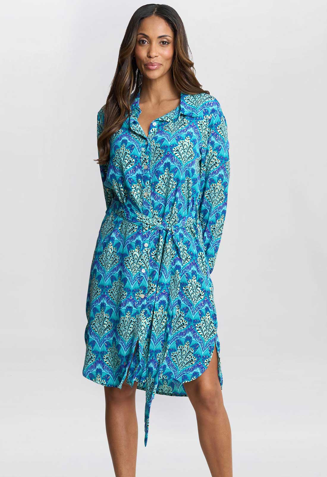 Gina Bacconi Sarina Blue Shirt Dress in Peocock