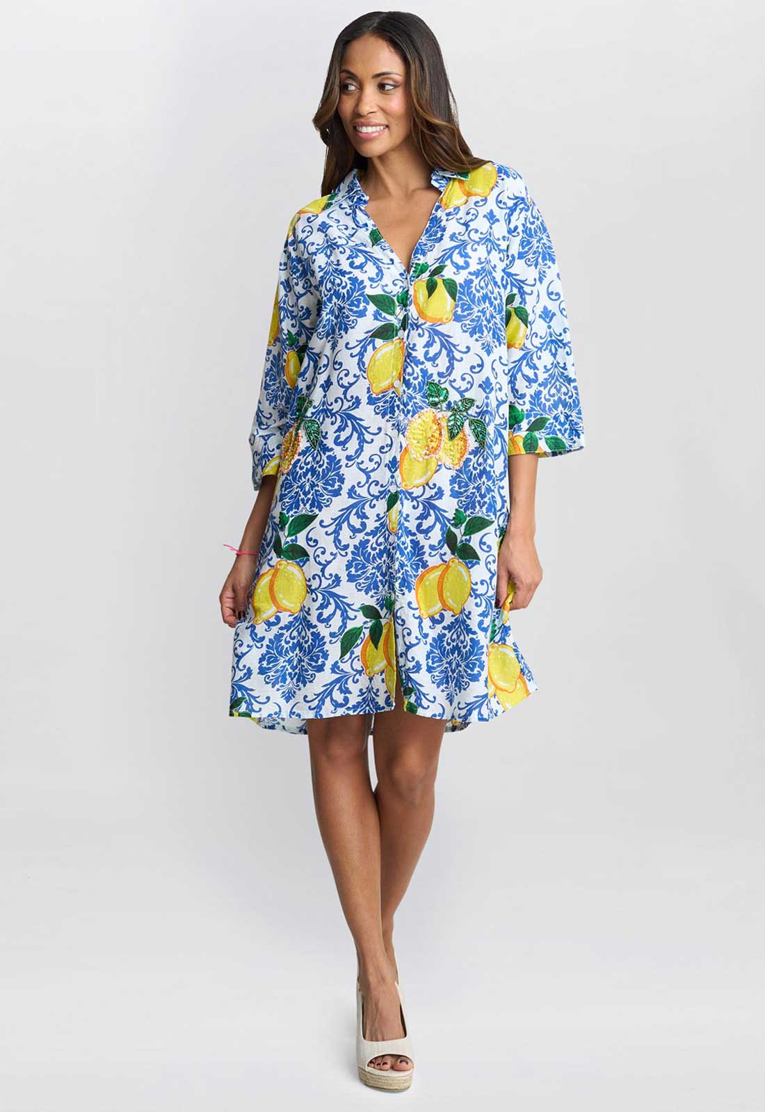 Gina Bacconi Lexee Shirt Dress in Blue and Yellow