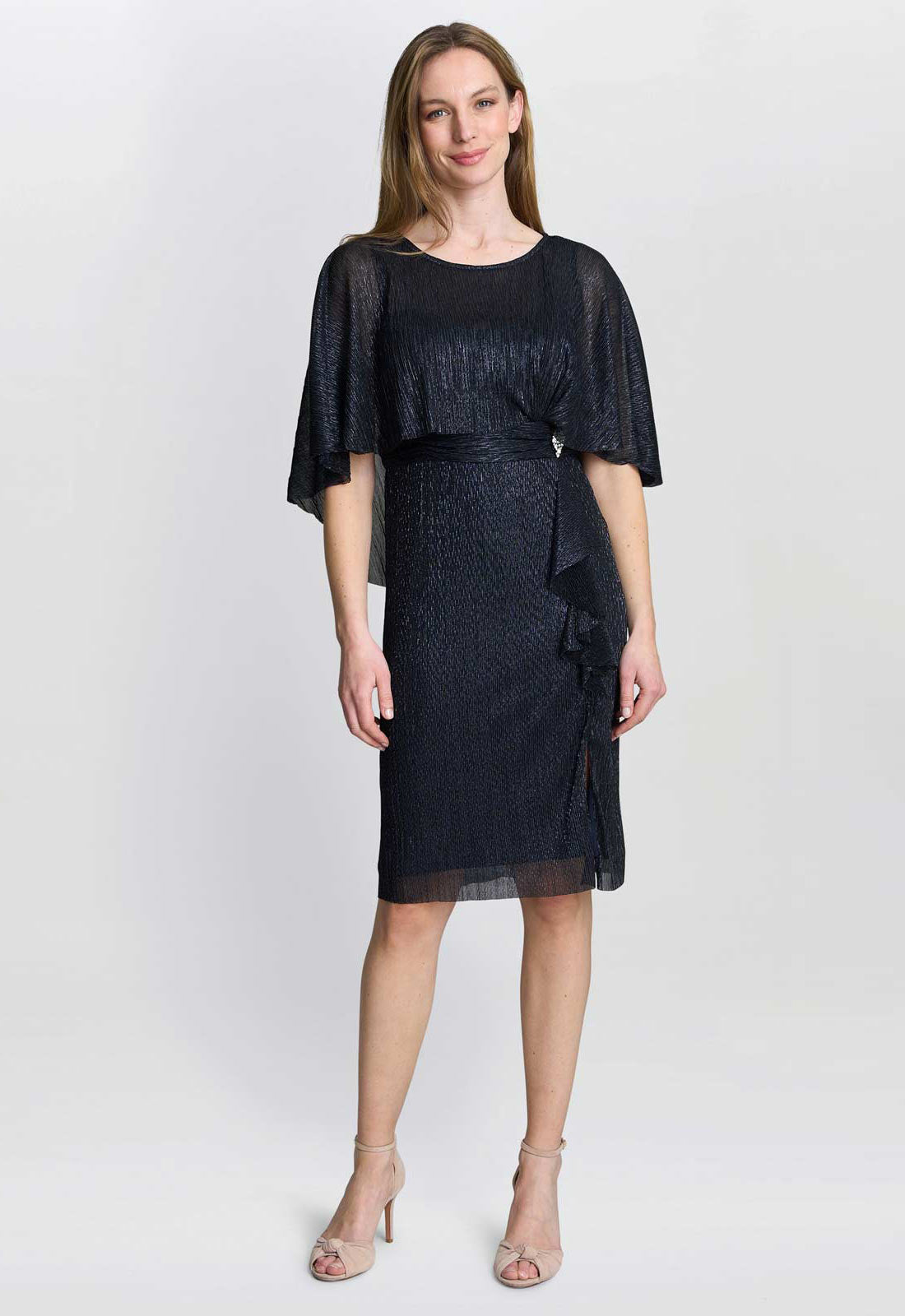 Gina Bacconi Navy Sonya Pleated Dress With Brooch