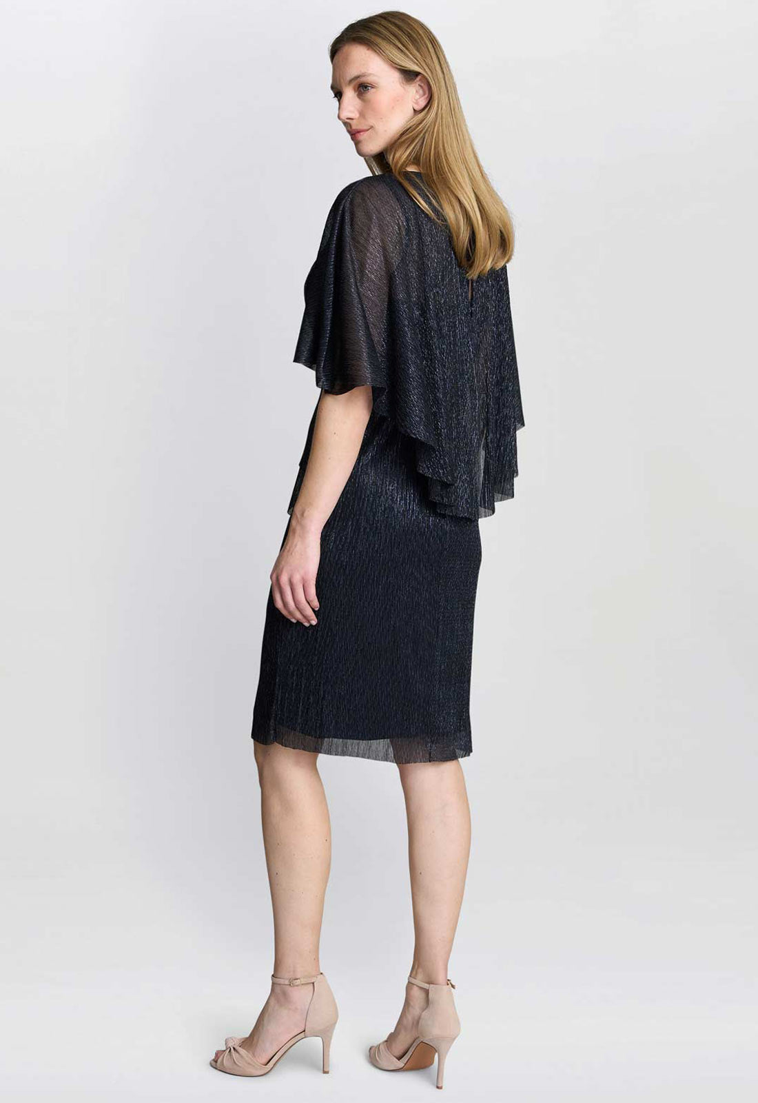Gina Bacconi Navy Sonya Pleated Dress With Brooch