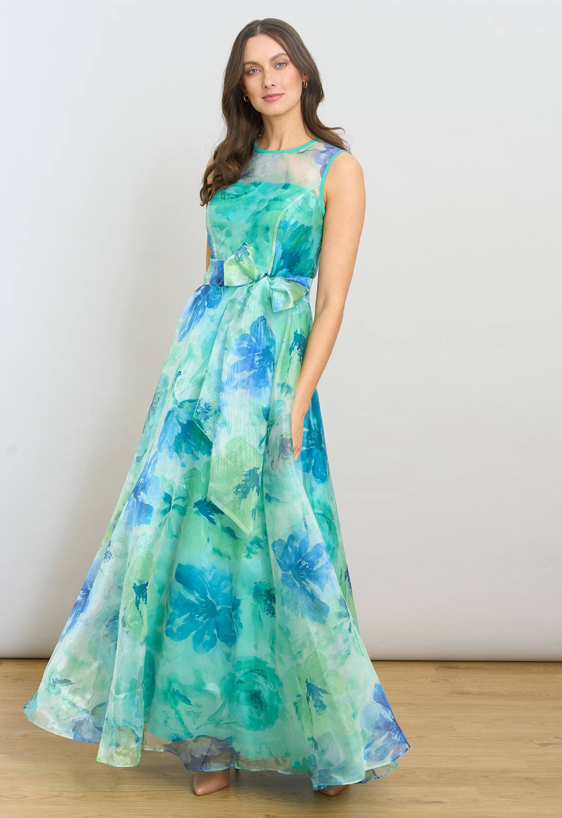 Gina Bacconi Green Amy Printed Organza Maxi Dress