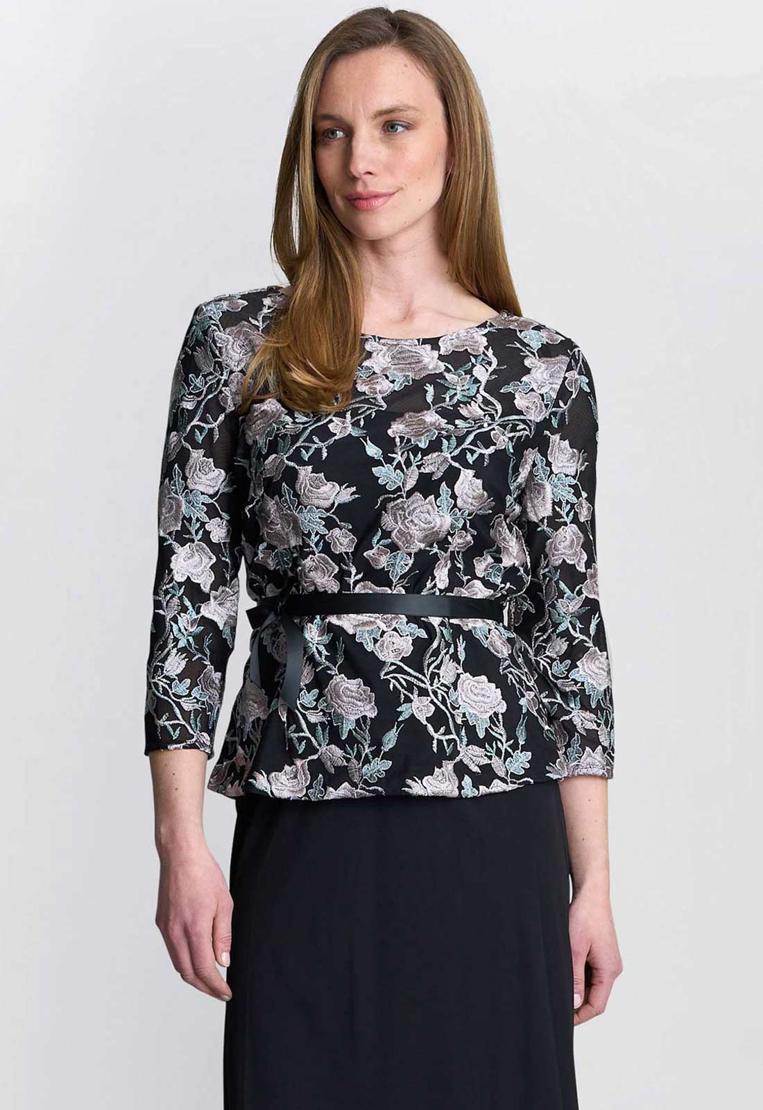 Gina Bacconi Black / Pink Brandy Embroidered Blouse With Tie Belt