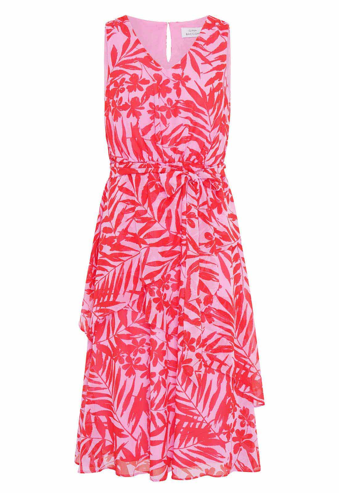 Pink and white floral dress on a white background