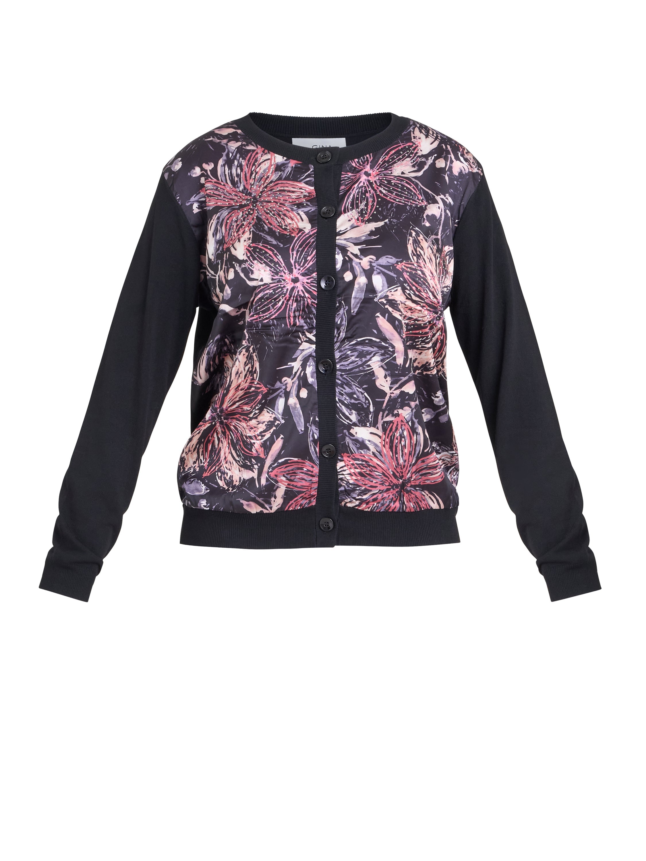 Gina Bacconi Black Vilma Floral Satin Front Cardigan