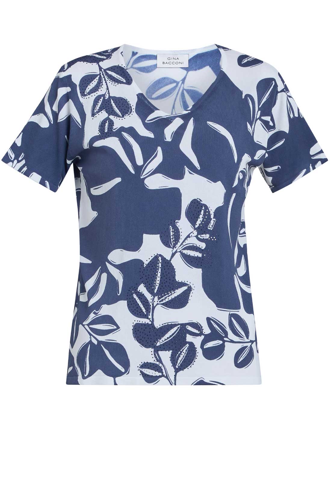 Blue and white floral patterned shirt on a white background