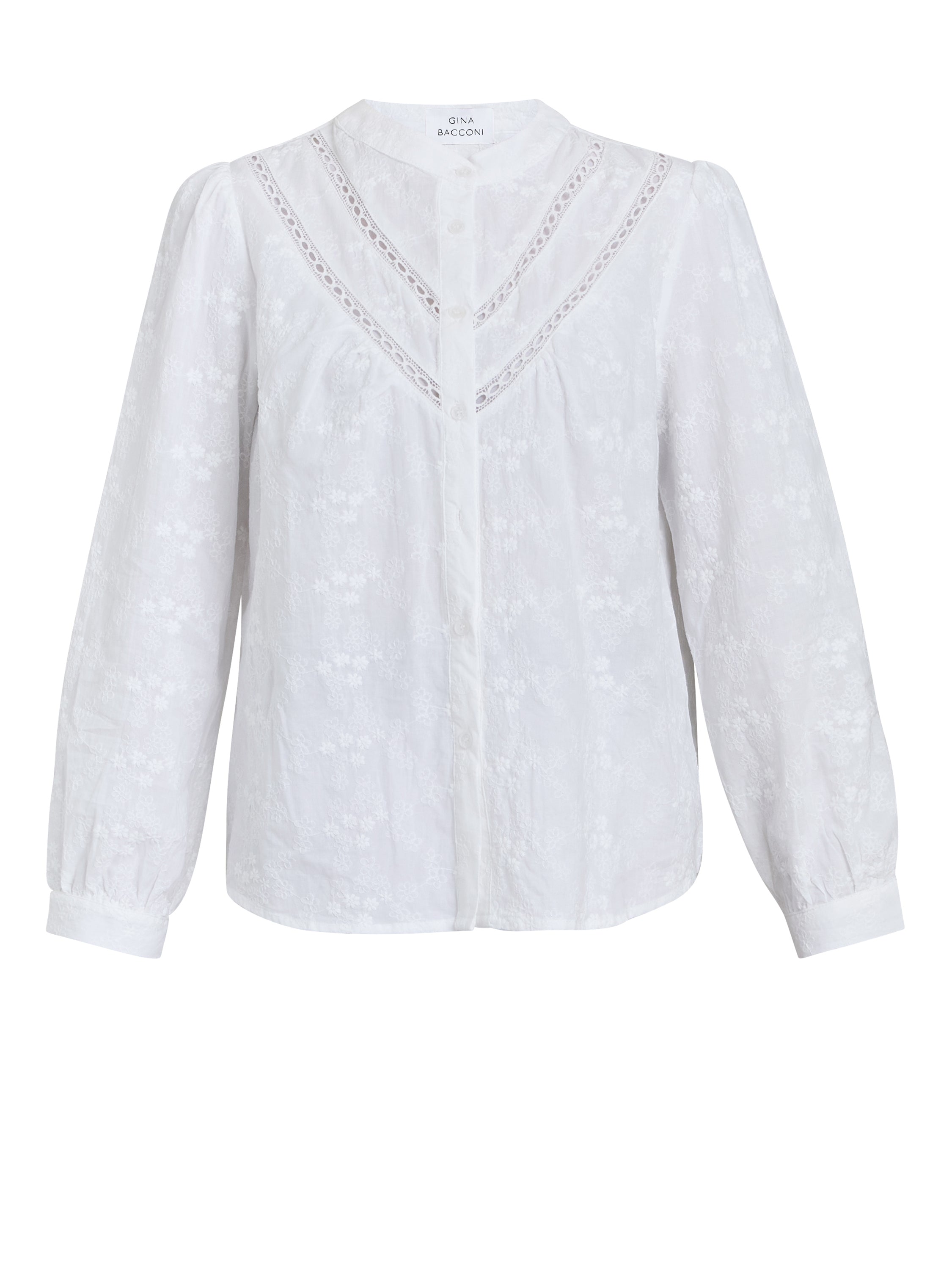 Gina Bacconi White Cindi Embroidered Cotton Collarless Shirt