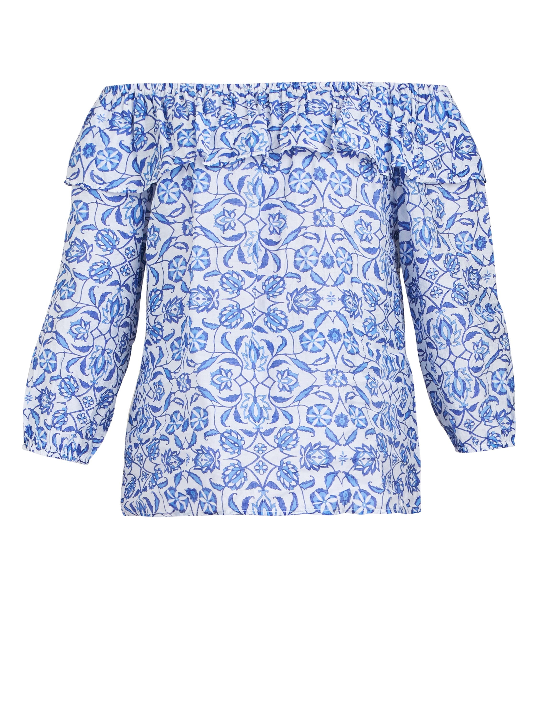 Gina Bacconi Blue Emme Blue Floral Off The Shoulder Top With Frill