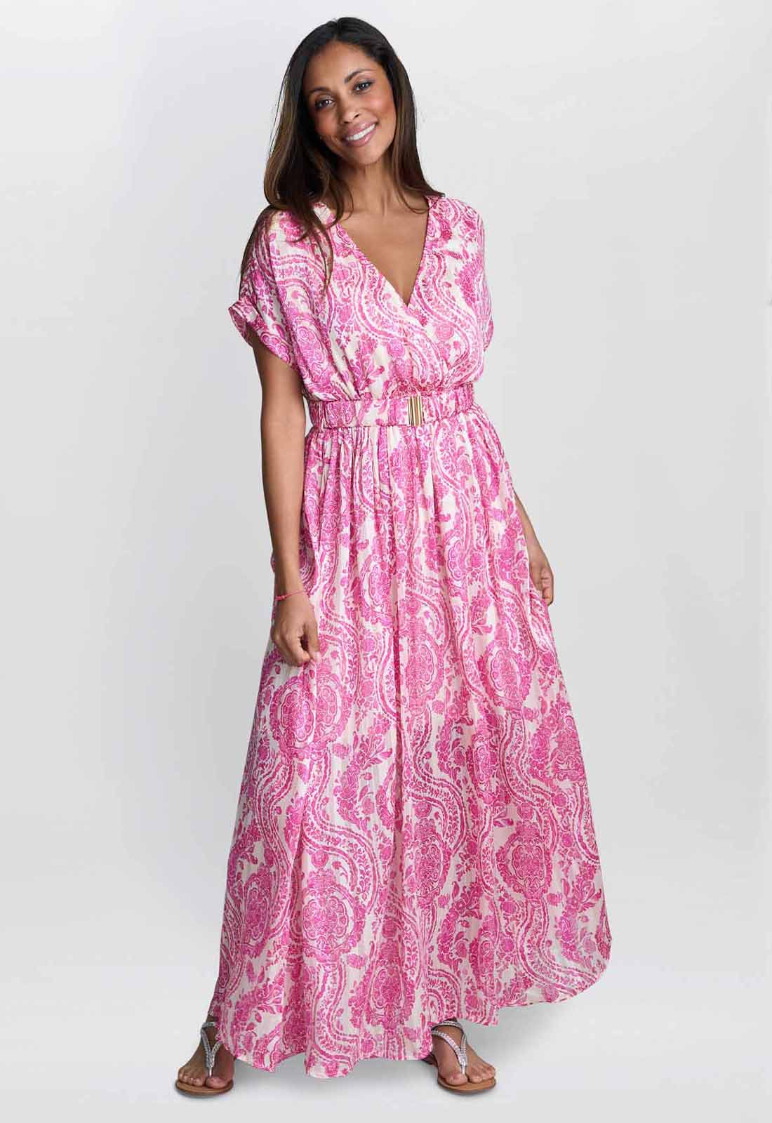 Gina Bacconi FUCHSIA Dotty Elastic Waist Maxi Dress
