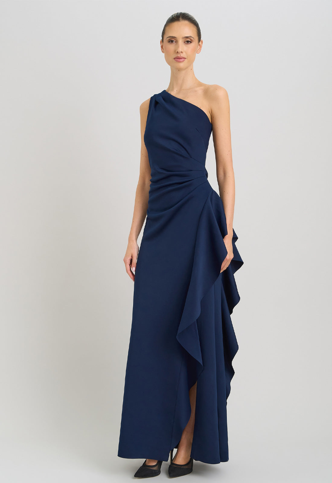 Gina Bacconi MIDNIGHT Darby One Shoulder Frill Dress