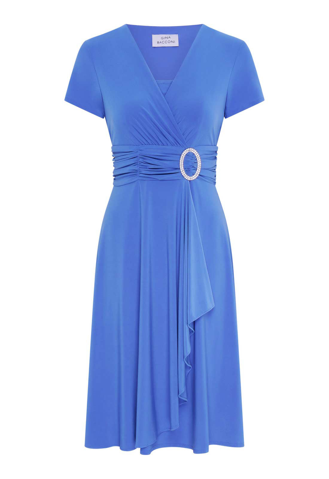 Blue dress with a belt and circular detail on a white background