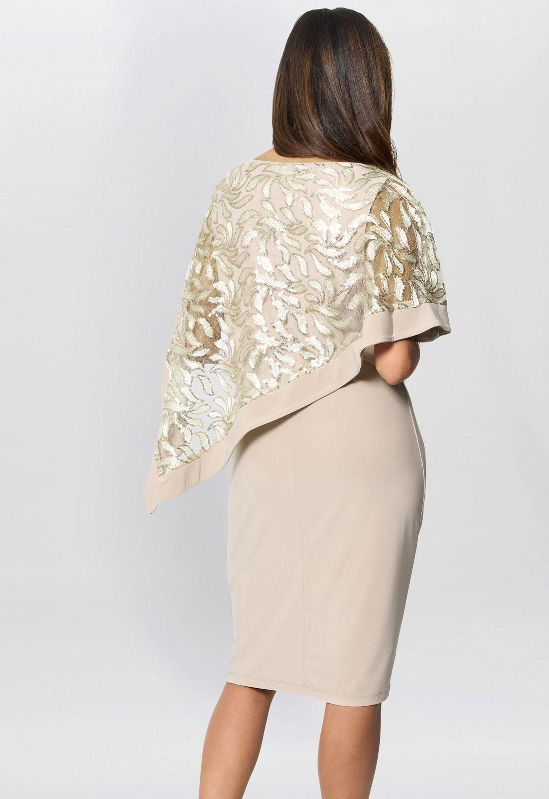 Gina Bacconi Champagne Darlene Embroidered Cape Dress