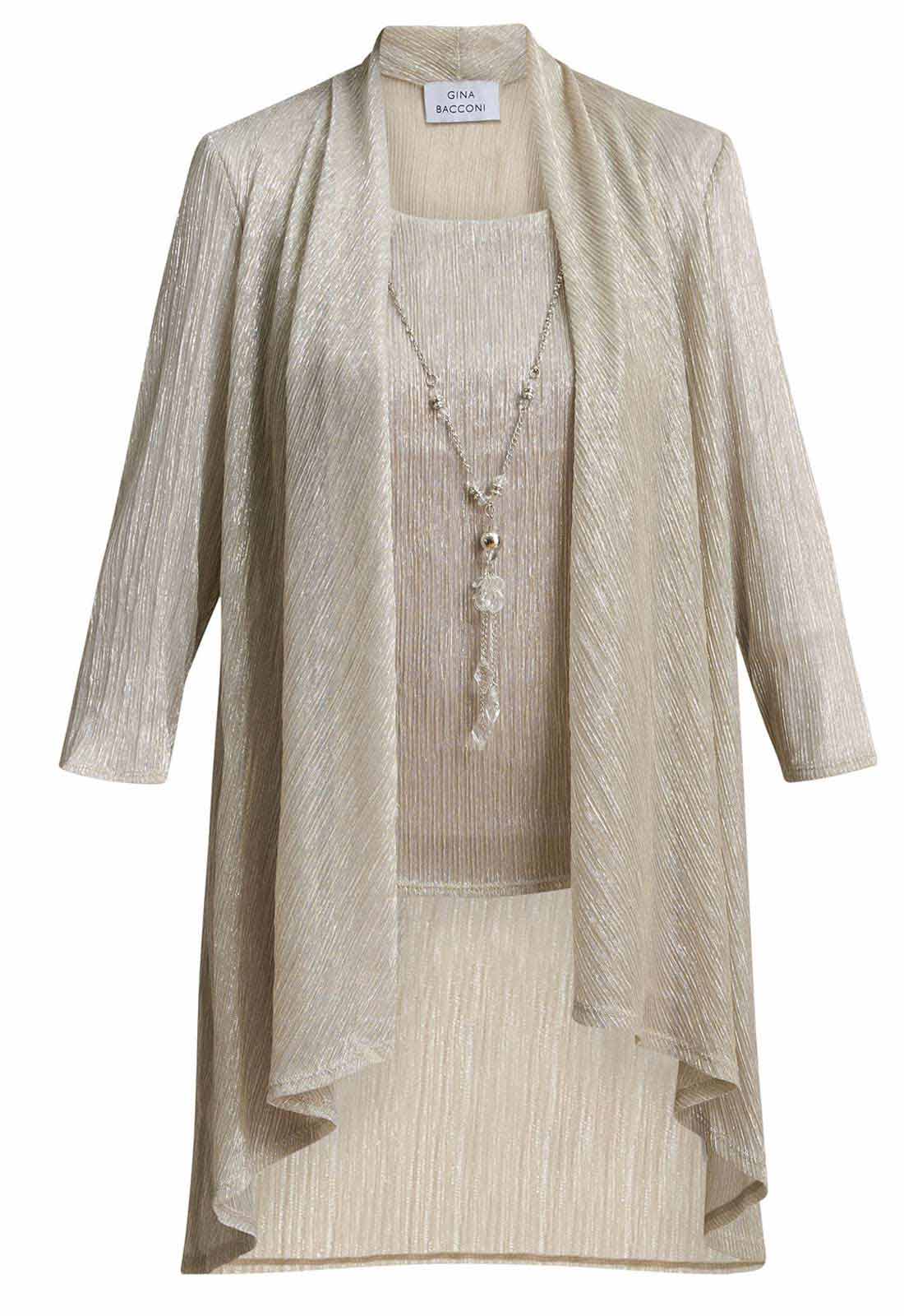 Beige outfit with a long cardigan and matching top on a white background