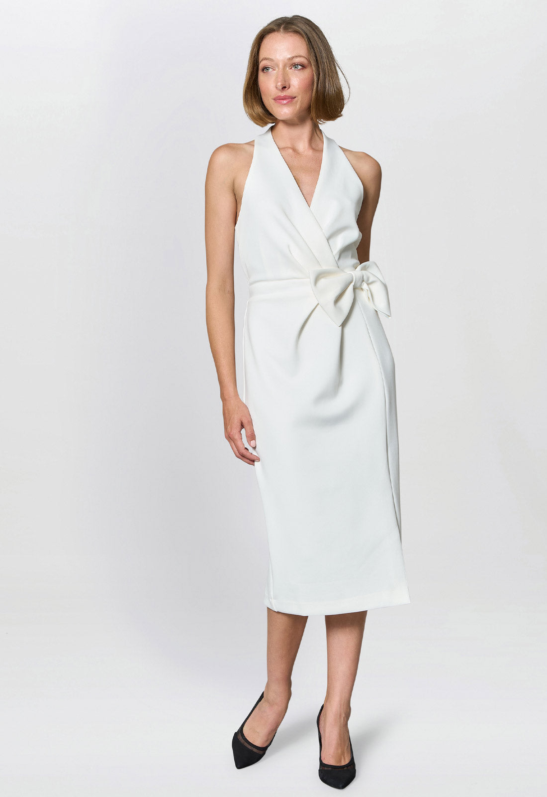 Gina Bacconi IVORY Elliana Bow Detail Midi Dress