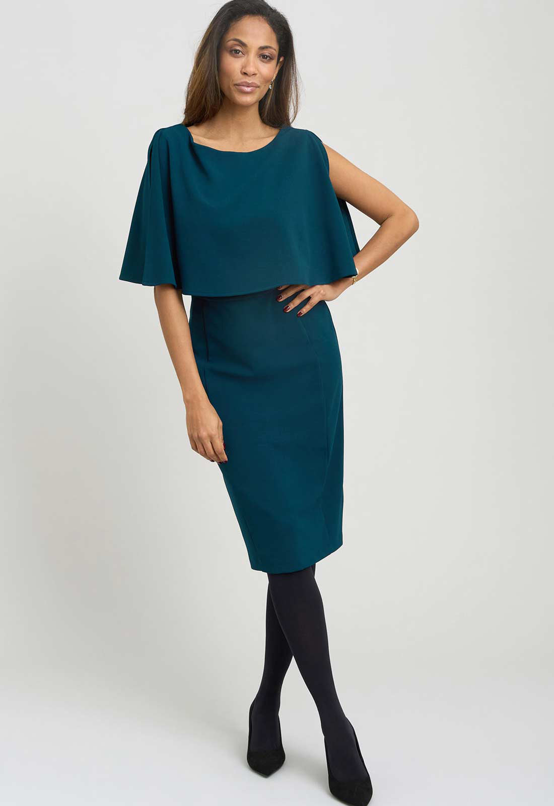 Gina Bacconi DARK GREEN Gillian Chiffon Cape Dress
