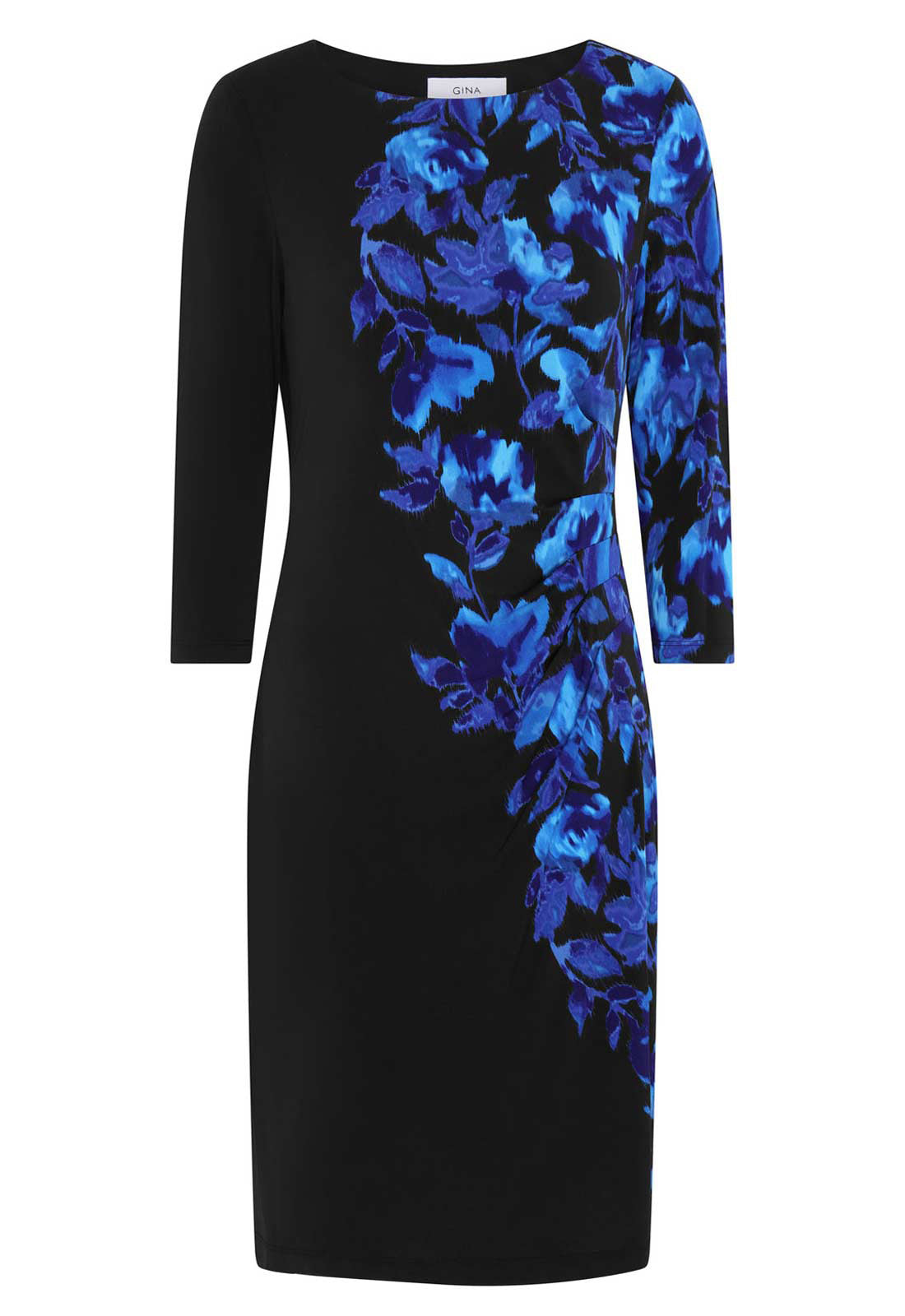 Black dress with blue floral pattern on a white background