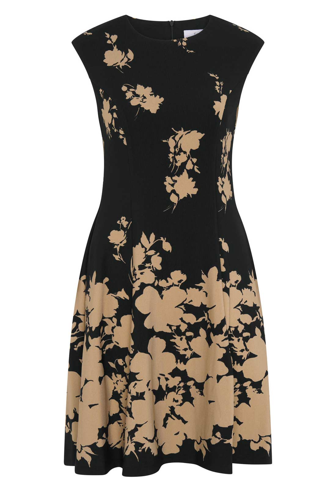 Black dress with beige floral pattern on a white background
