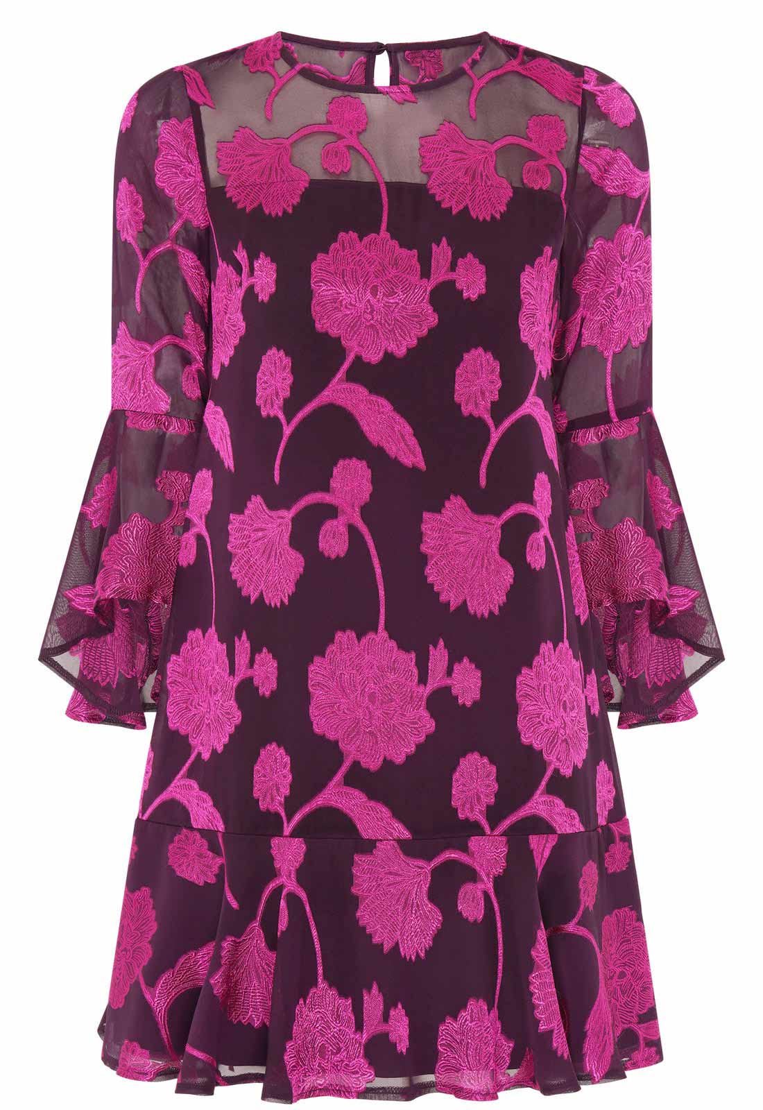 Floral patterned dress with bell sleeves on a white background