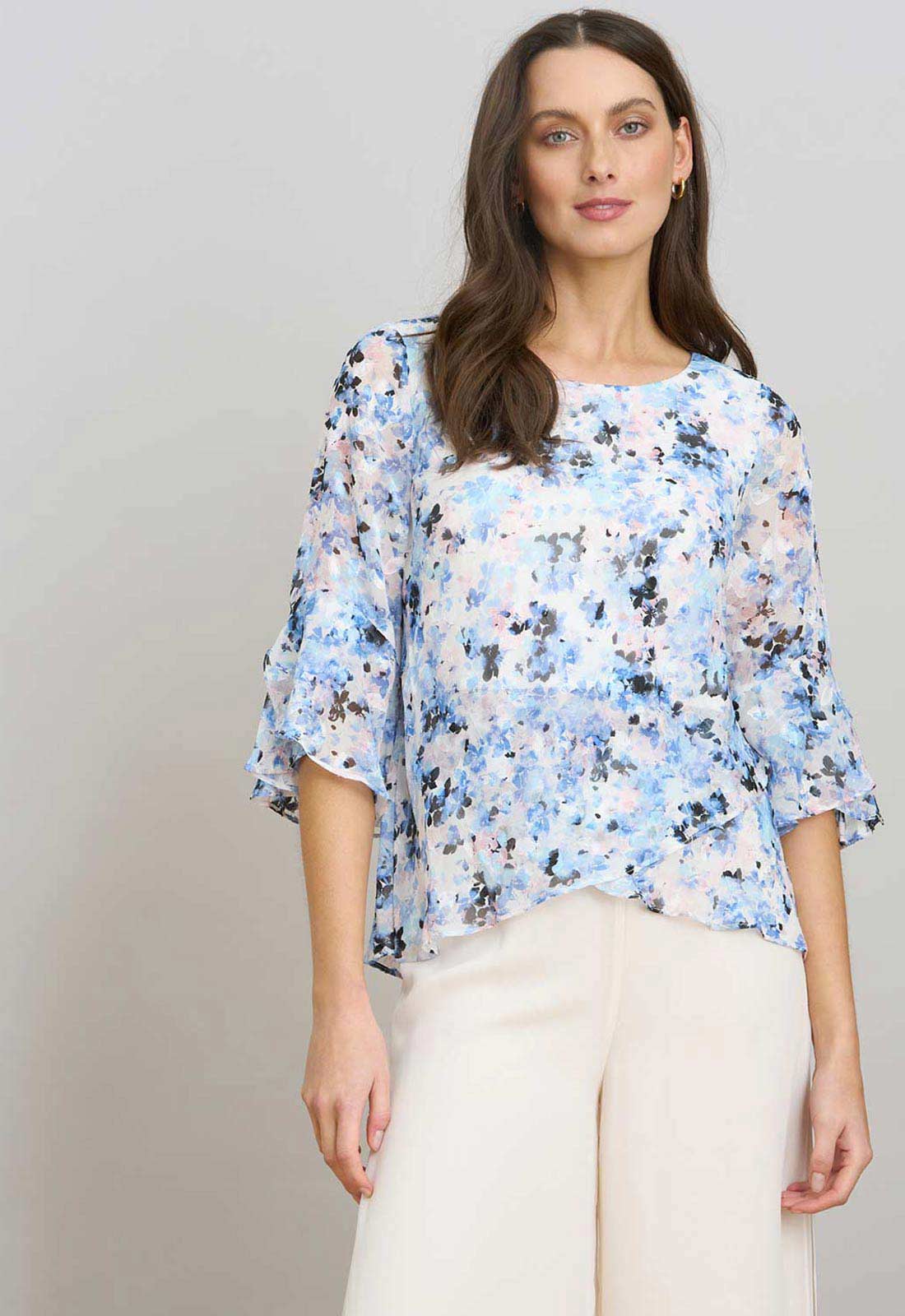 Gina Bacconi BLUE Jacklyn Floral Layered Chiffon Top