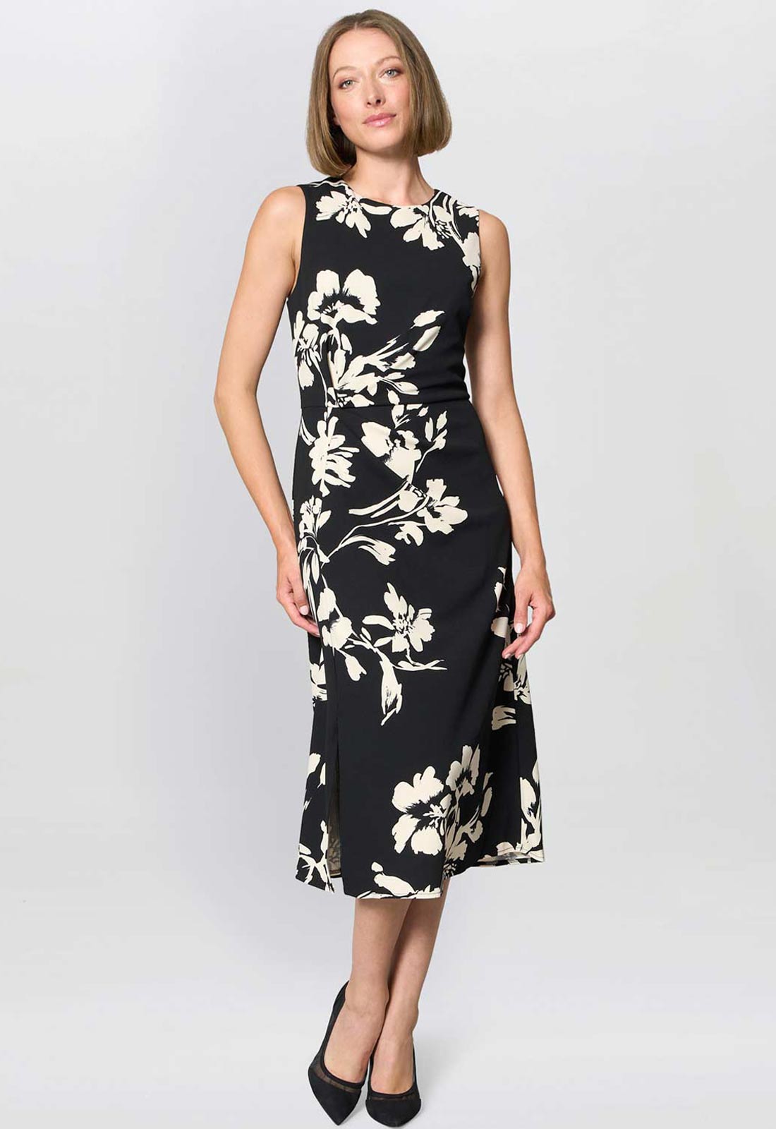 Gina Bacconi BLACK / BEIGE Joely Placement Floral Print Dress