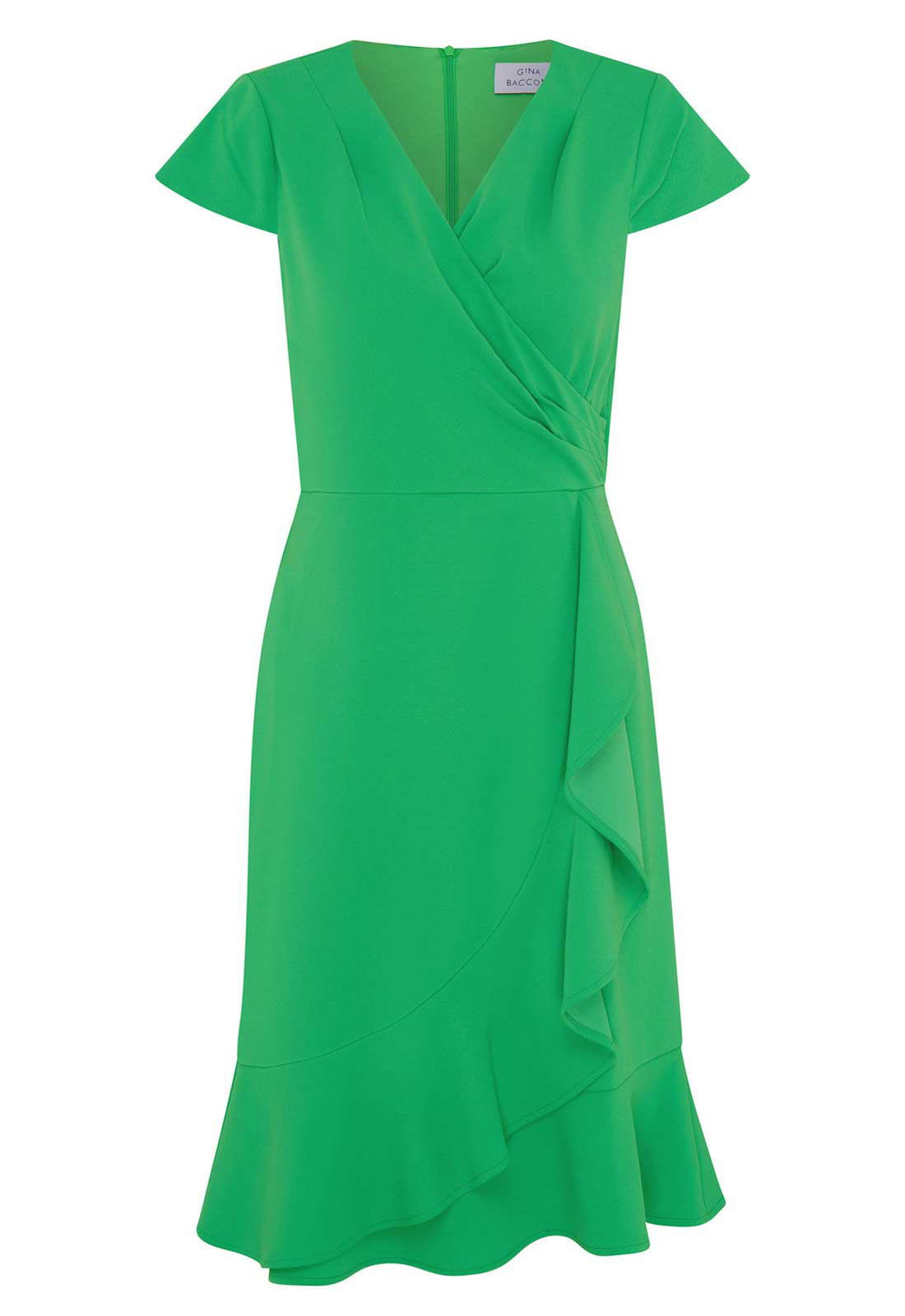 Green dress with a draped design on a white background